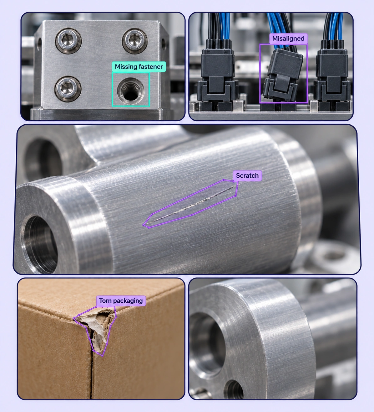 Annotated visual quality inspection examples arranged in a five-panel collage.