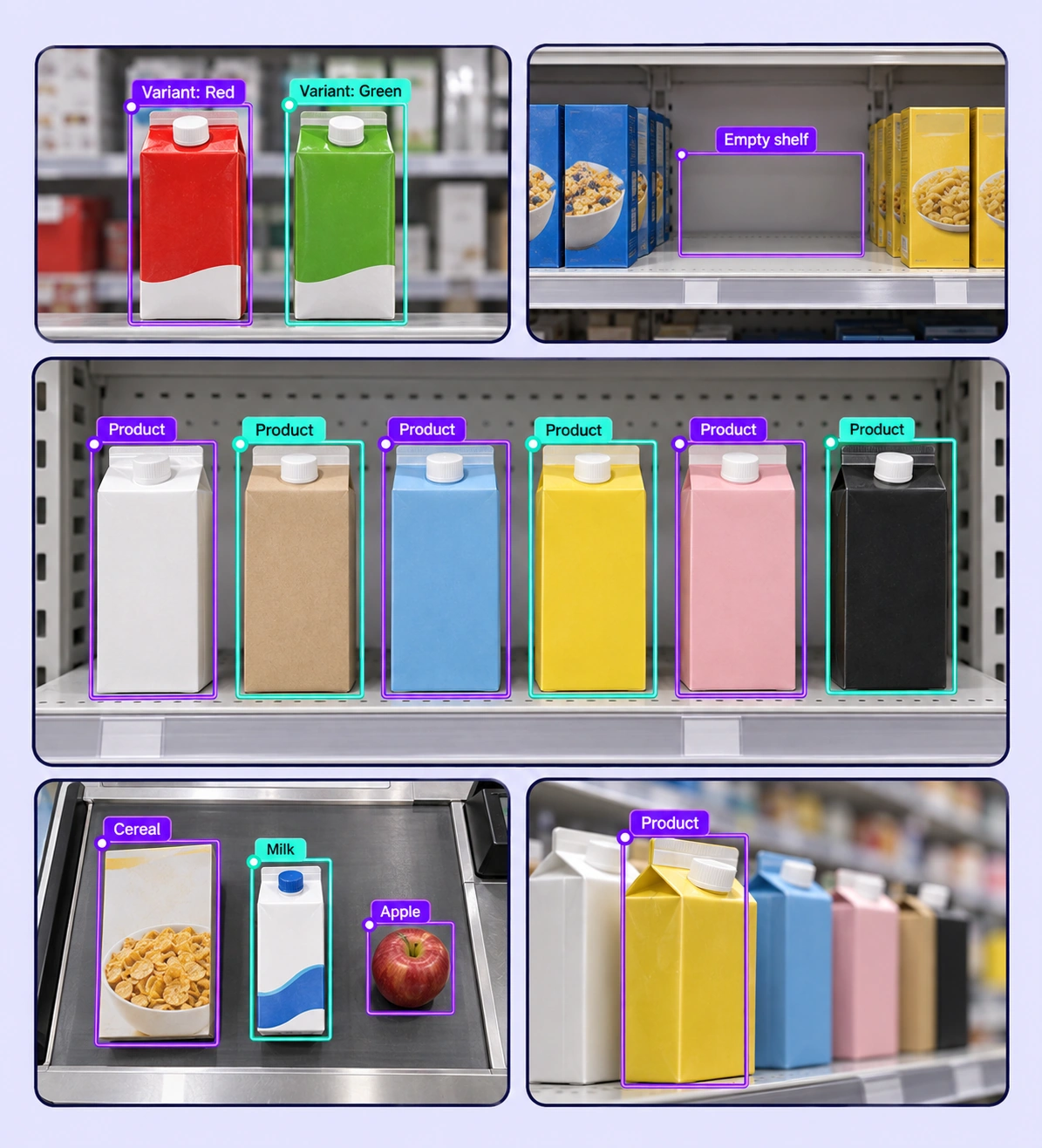 Annotated retail product recognition examples arranged in a five-panel collage.