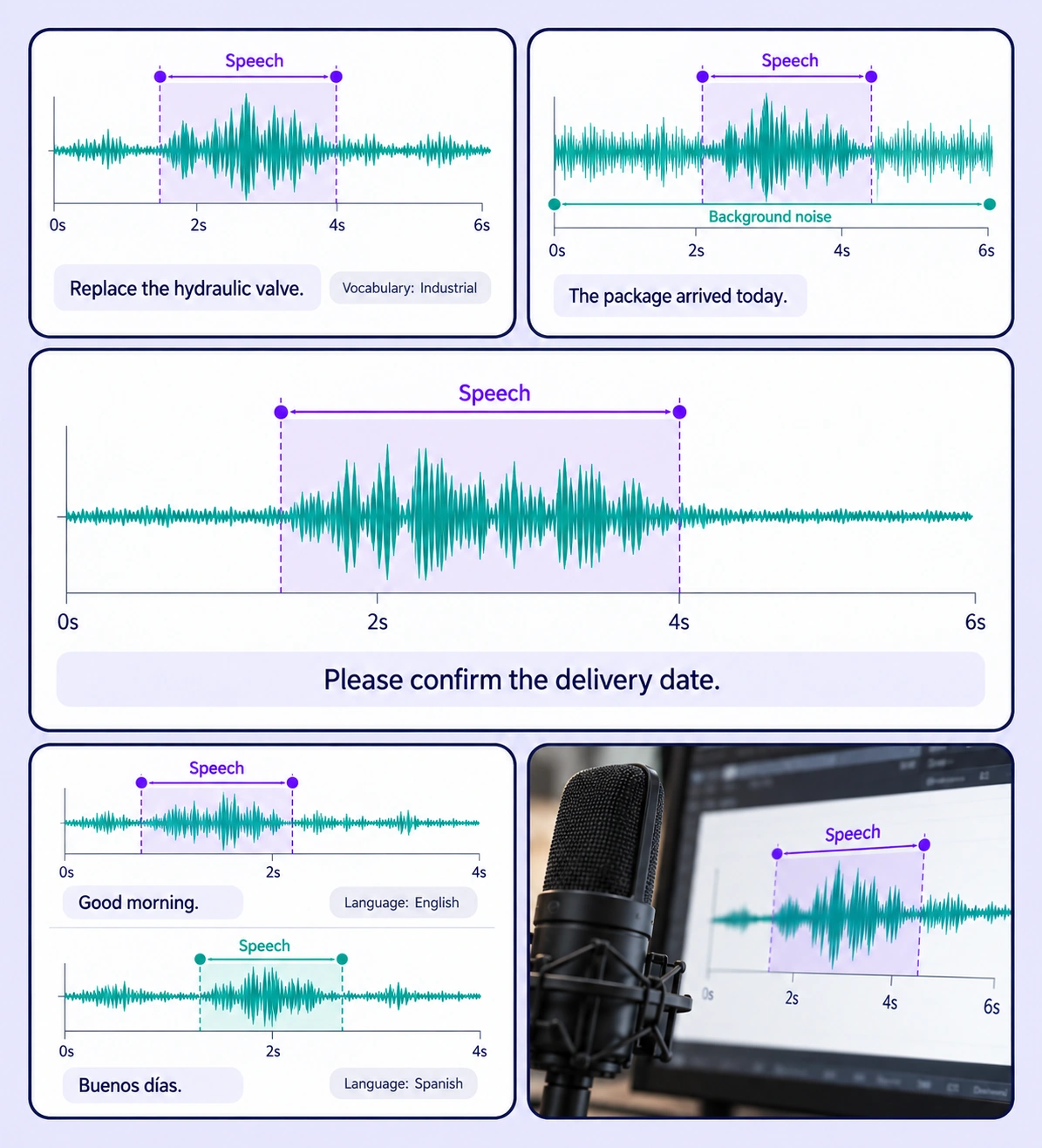 Annotated speech recognition and transcription examples arranged in a five-panel collage.