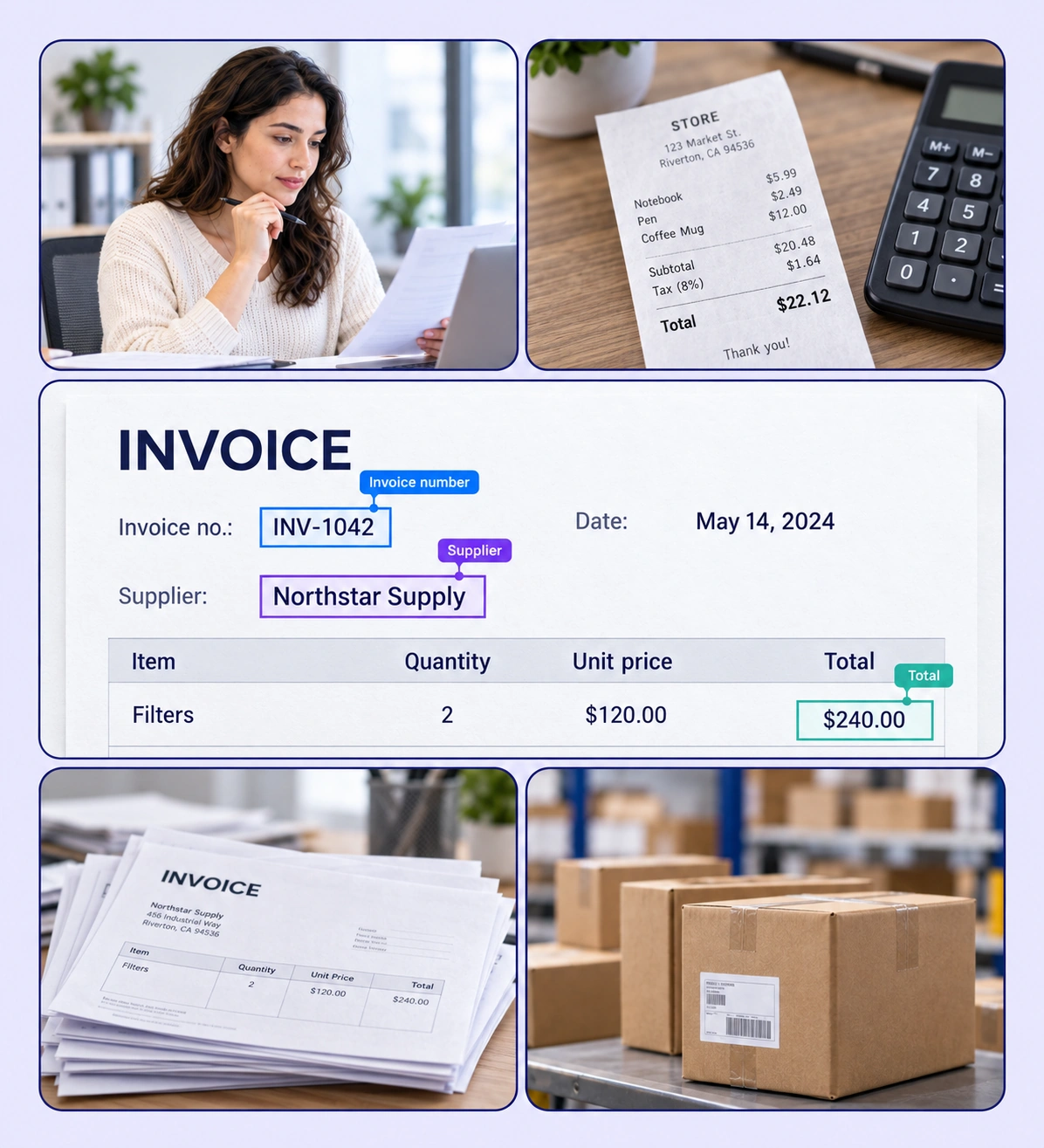 Invoice & Receipt Processing example with source-data annotations and contextual photographs. Invoice & Receipt Processing example with source-data annotations and contextual photographs.