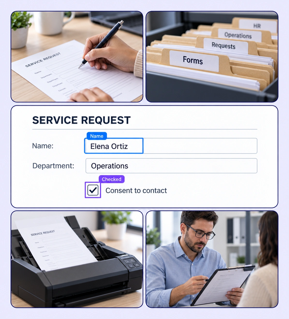 Forms & Structured Document Extraction example with source-data annotations and contextual photographs. Forms & Structured Document Extraction example with source-data annotations and contextual photographs.
