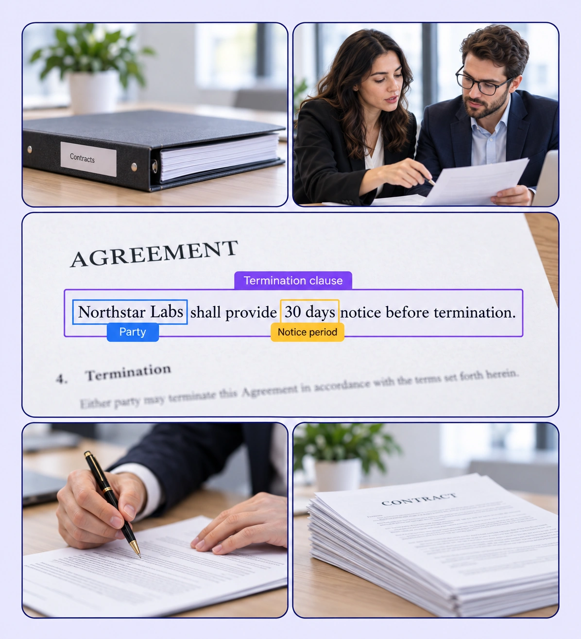 Contract & Legal Document AI example with source-data annotations and contextual photographs. Contract & Legal Document AI example with source-data annotations and contextual photographs.