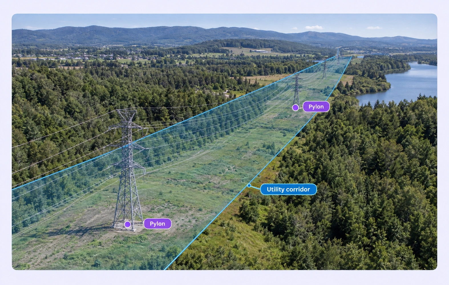 Aerial utility corridor with pylon points and a corridor line annotation.