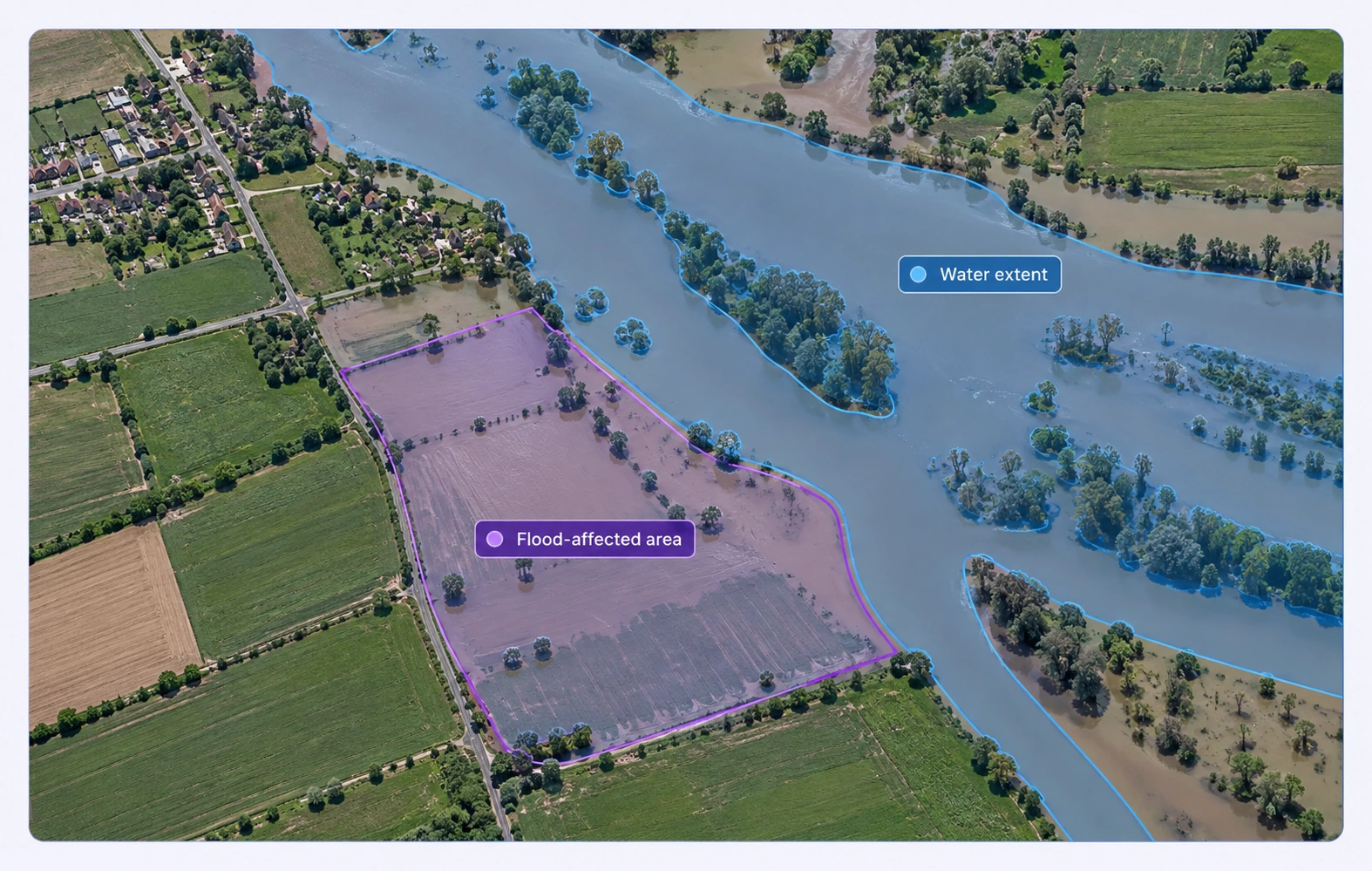 Aerial floodwater extent and flood-affected field area annotated.