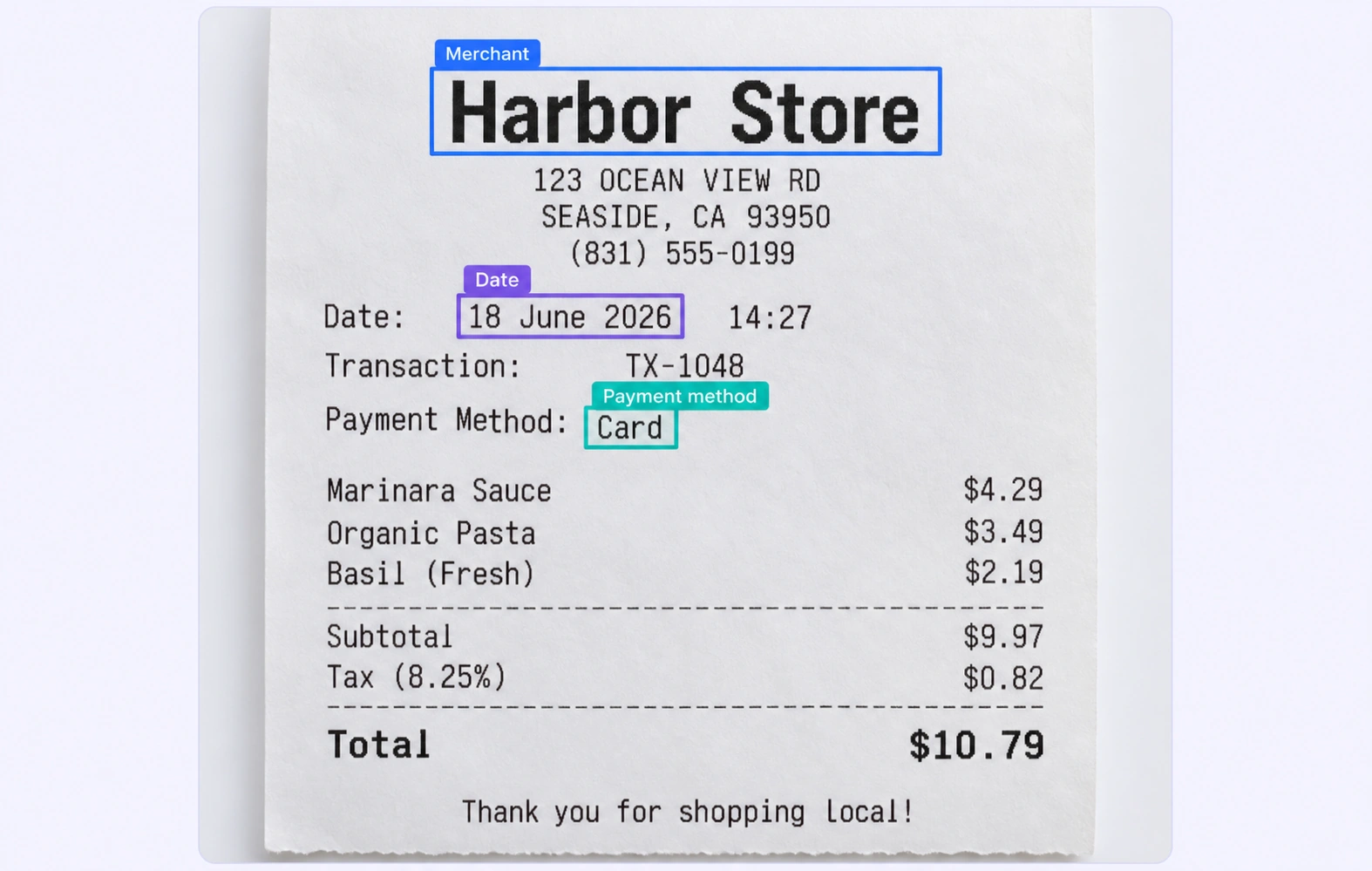Receipt with merchant, transaction date, and payment-method annotations. Receipt with merchant, transaction date, and payment-method annotations.