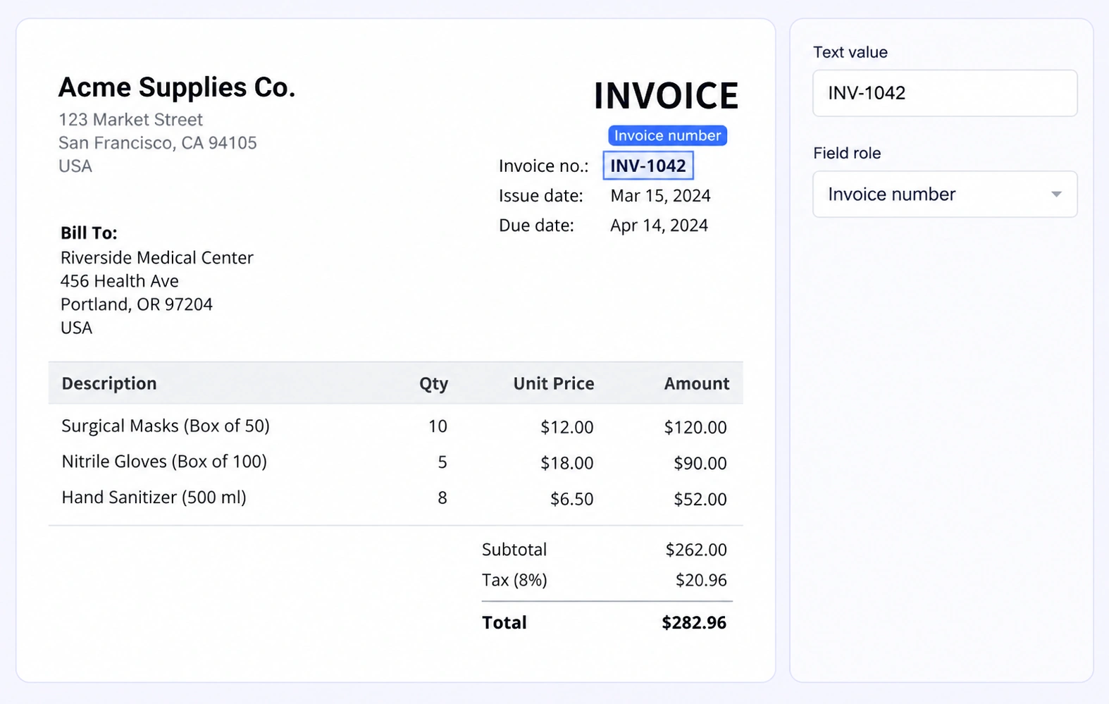 Invoice-number region with its text value and field-role properties. Invoice-number region with its text value and field-role properties.