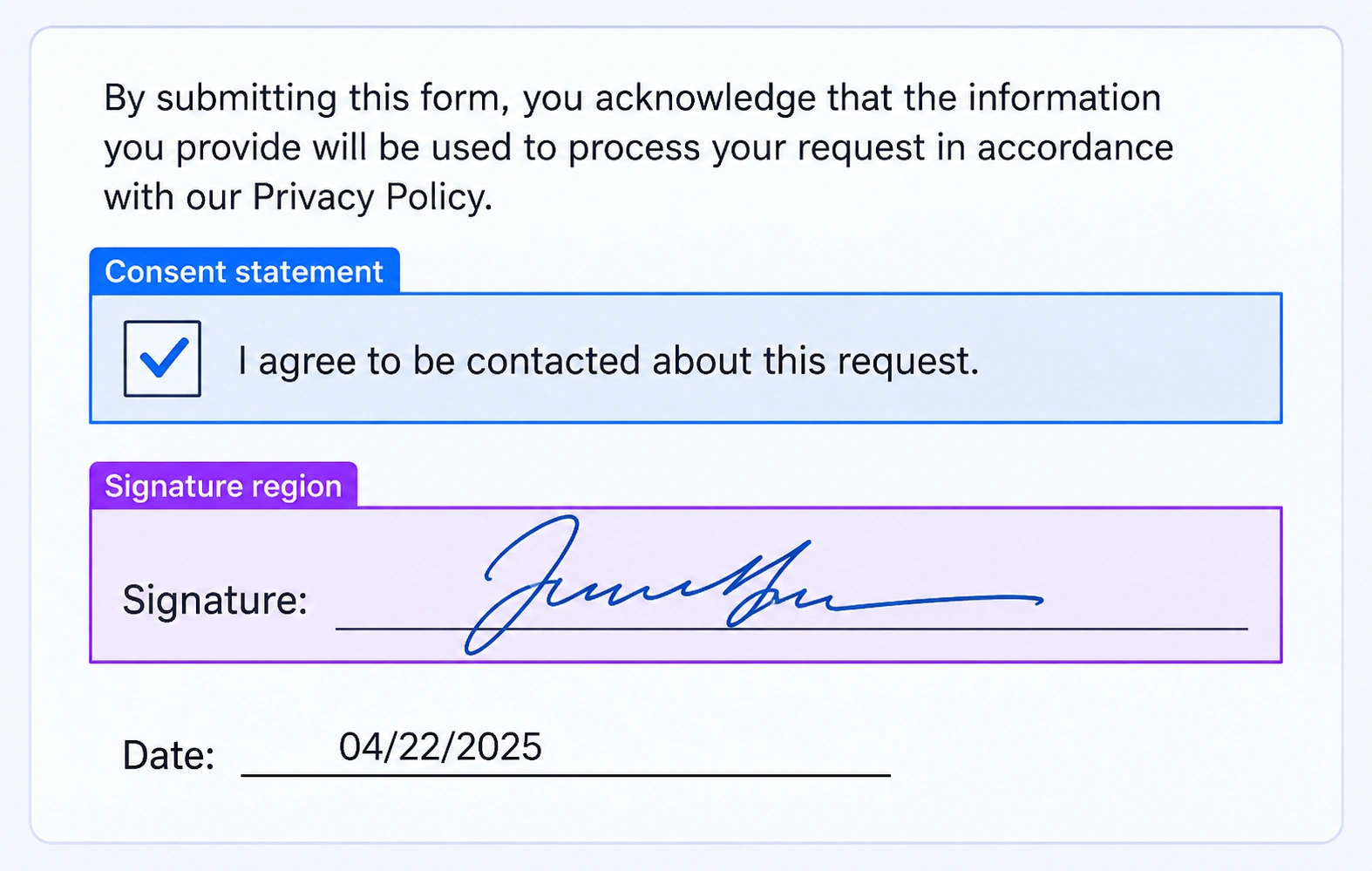 Consent statement and signature area labeled on a PDF form. Consent statement and signature area labeled on a PDF form.