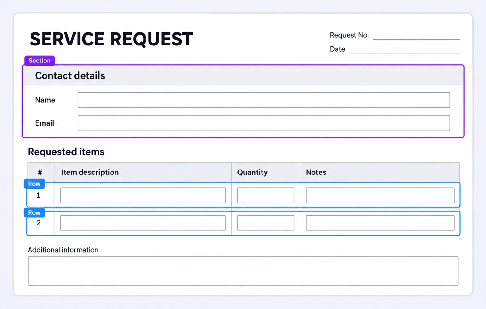 PDF form with a labeled section and repeated table rows. PDF form with a labeled section and repeated table rows.