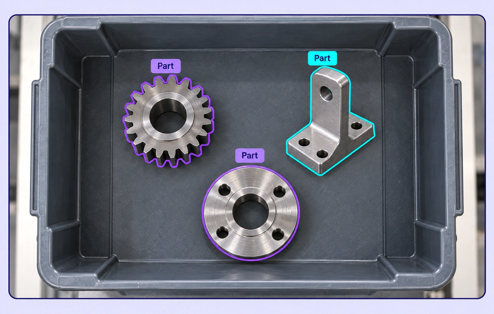 Three separate metal parts in a bin have contour annotations following their visible boundaries. Three separate metal parts in a bin have contour annotations following their visible boundaries.