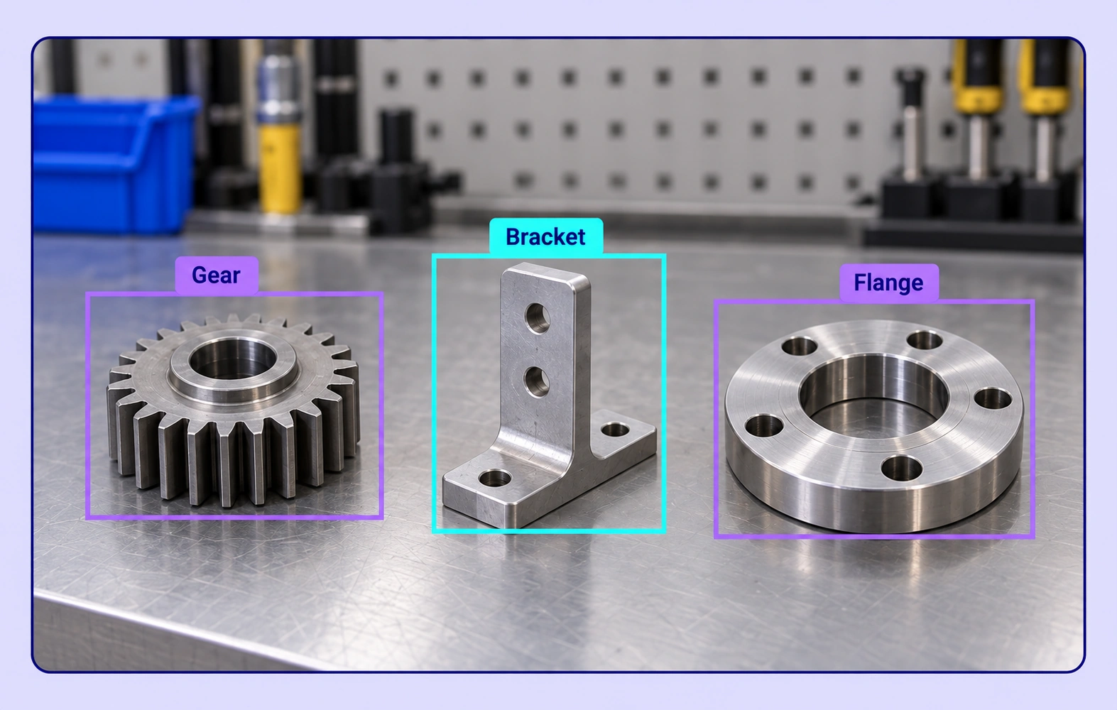 A gear, bracket and flange on a workbench have tight boxes and matching class labels. A gear, bracket and flange on a workbench have tight boxes and matching class labels.