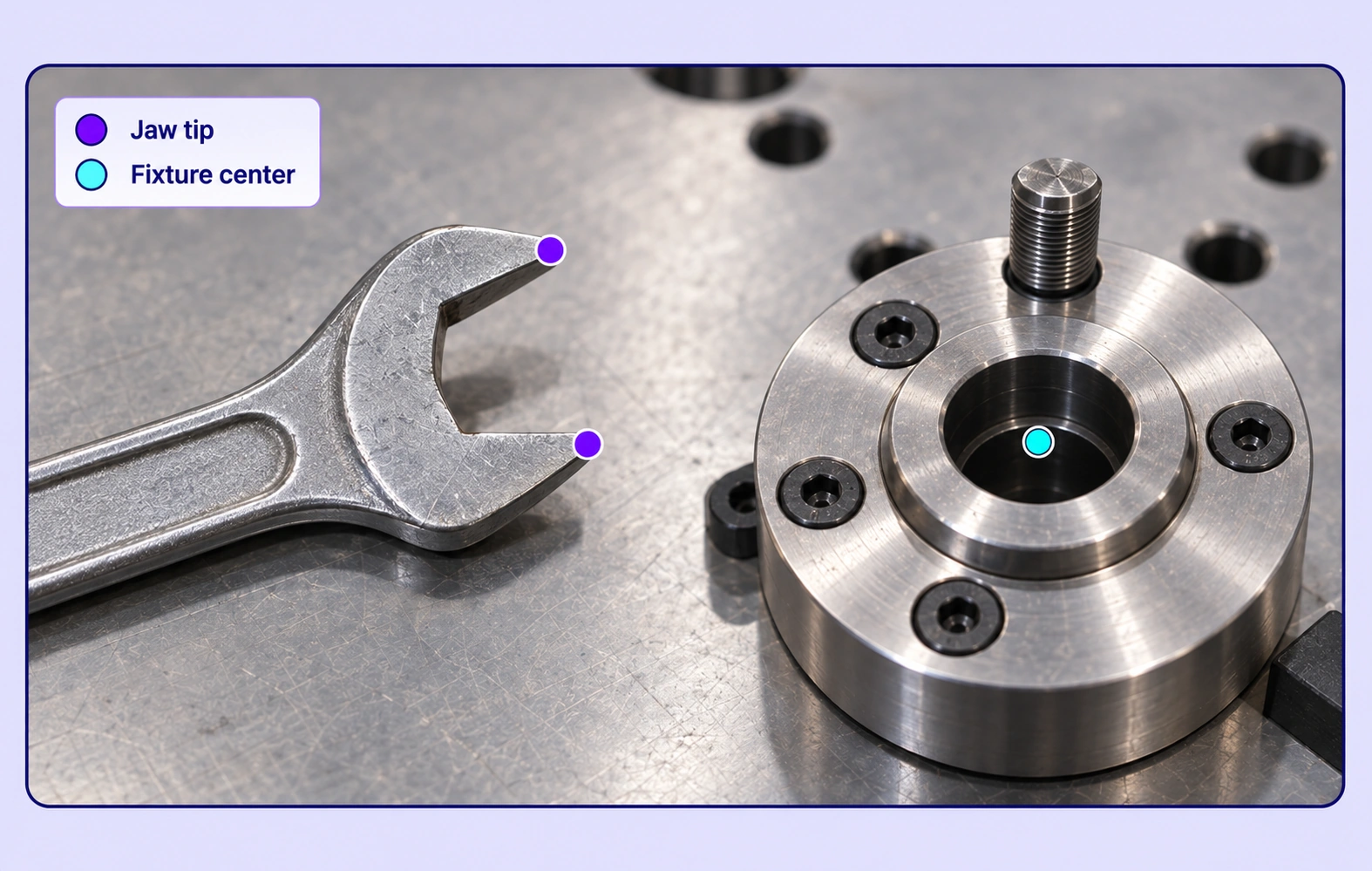 Two wrench jaw tips and one circular fixture center have precisely anchored point annotations. Two wrench jaw tips and one circular fixture center have precisely anchored point annotations.