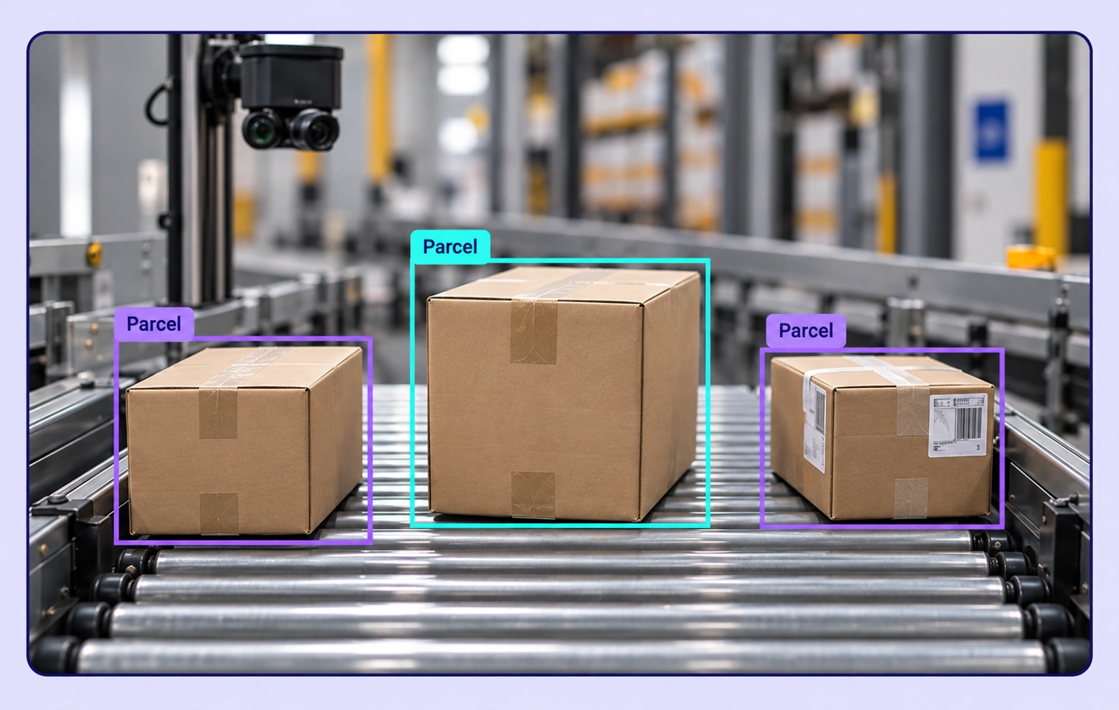 Three parcels on a warehouse conveyor each have a separate Parcel bounding box. Three parcels on a warehouse conveyor each have a separate Parcel bounding box.