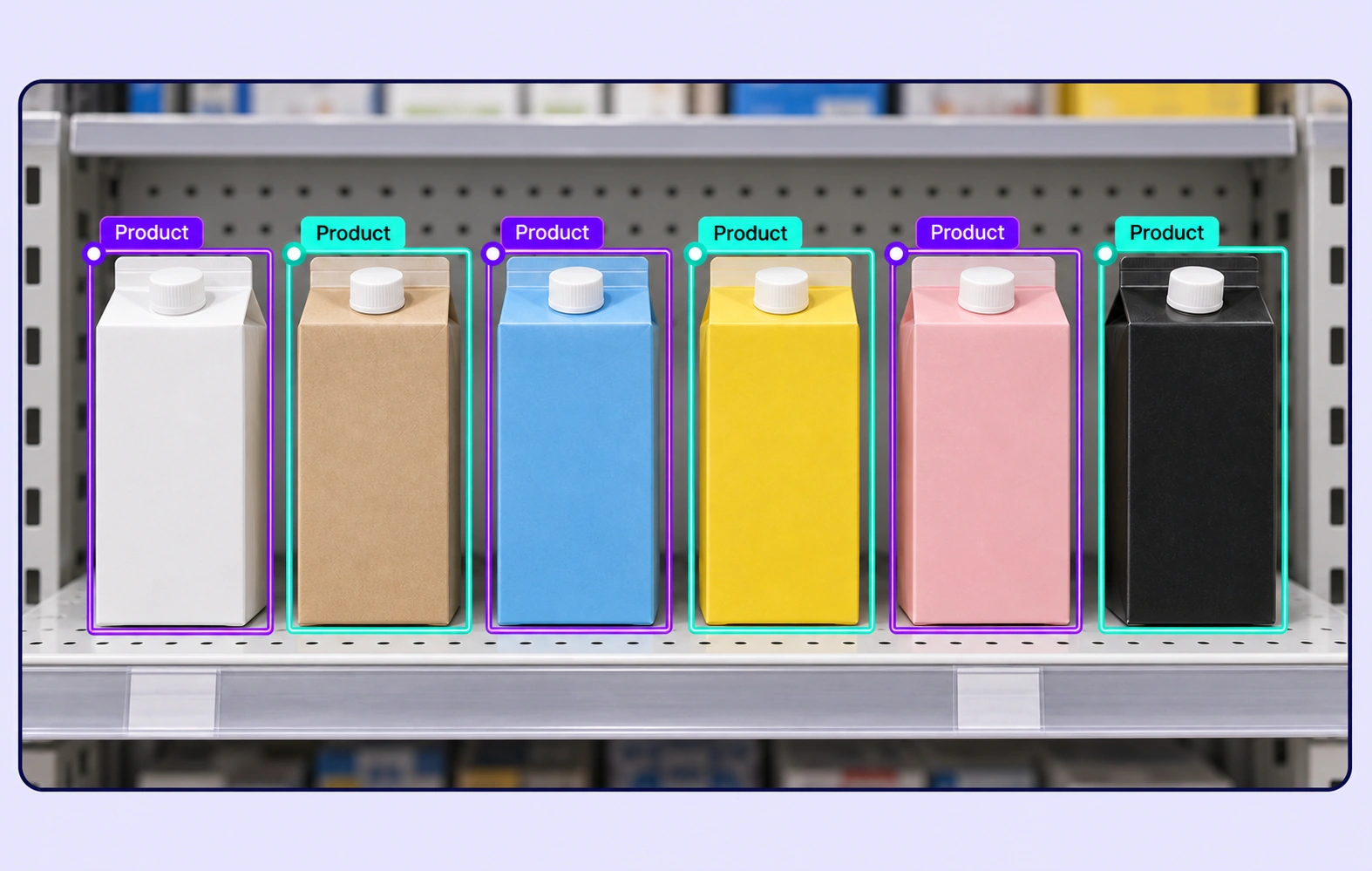Six product cartons on a retail shelf each have a separate Product bounding box.