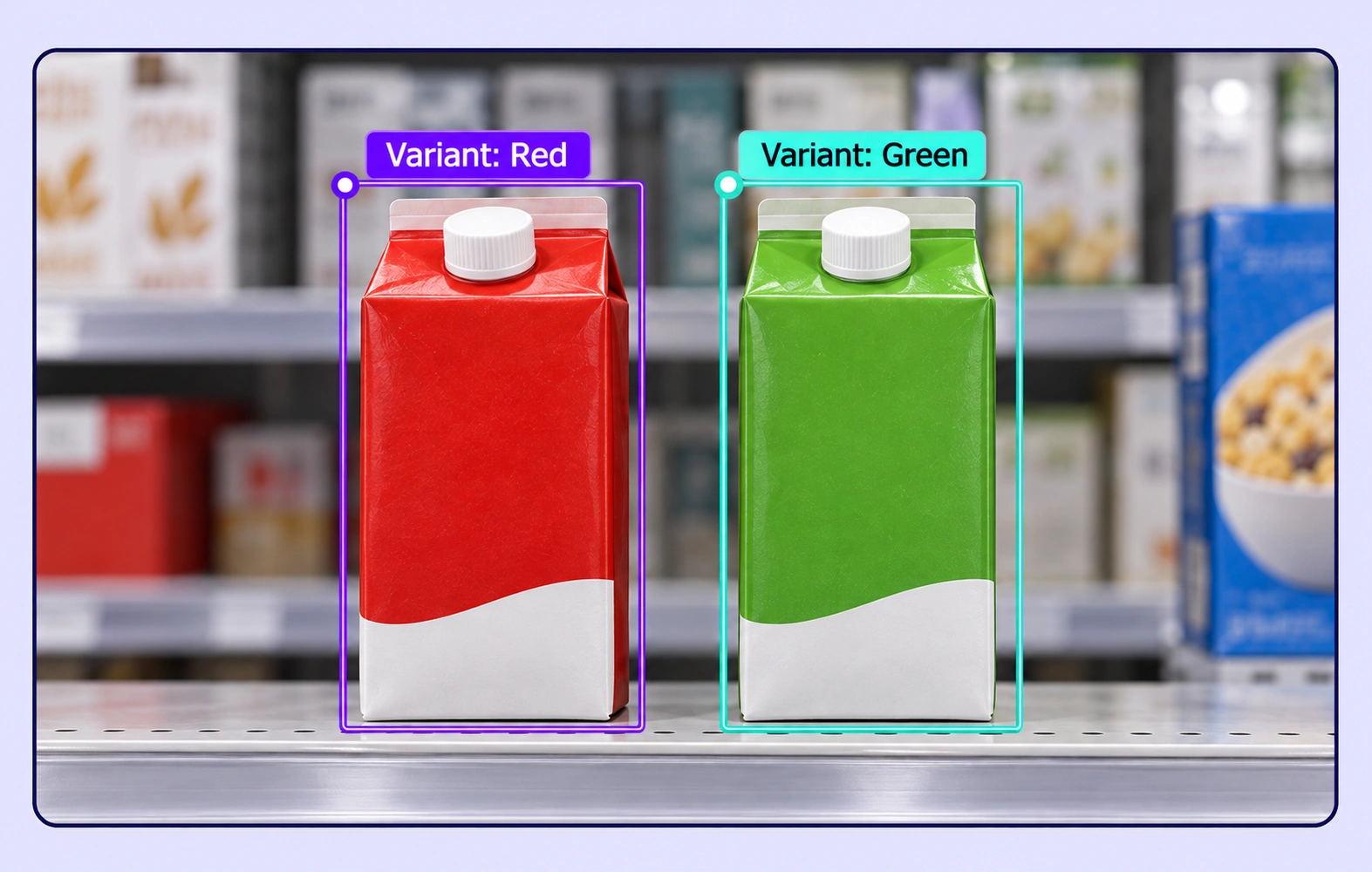 Red and green drink cartons have boxes and matching Variant properties.