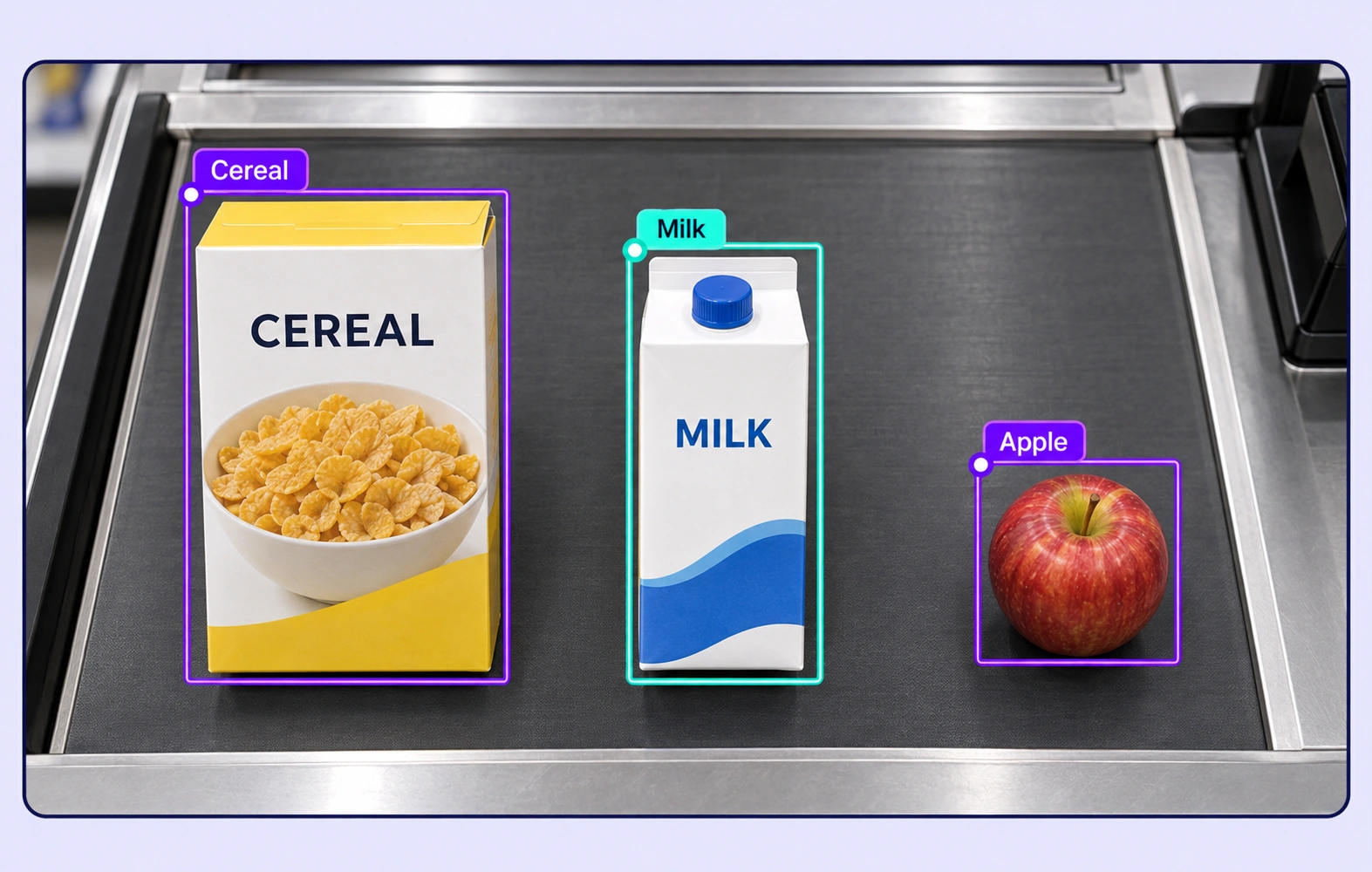 Cereal, milk and an apple on a checkout counter have separate class boxes.