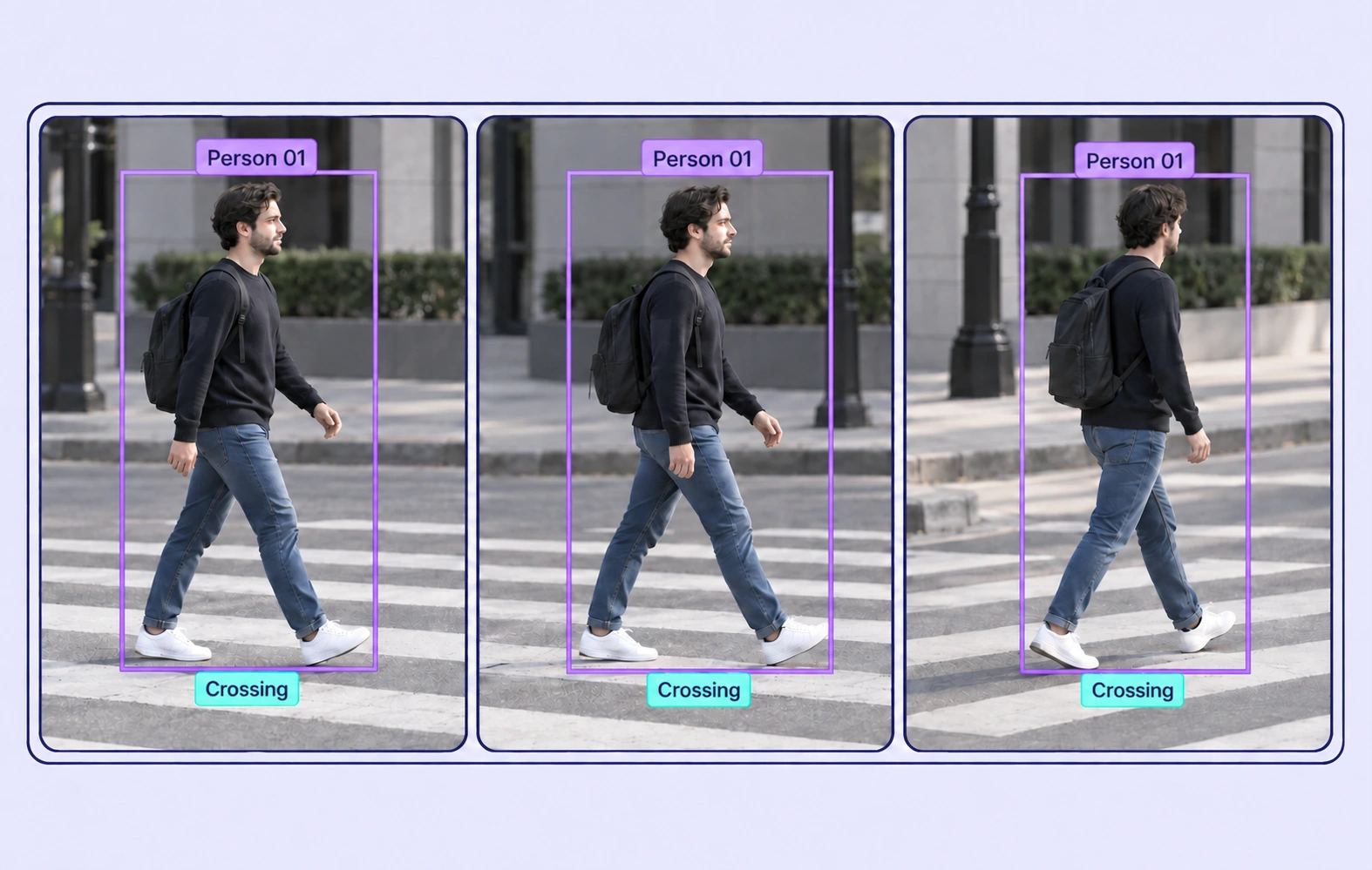 The same pedestrian retains a Person 01 box and Crossing property across three frames, with both shoes fully contained. The same pedestrian retains a Person 01 box and Crossing property across three frames, with both shoes fully contained.