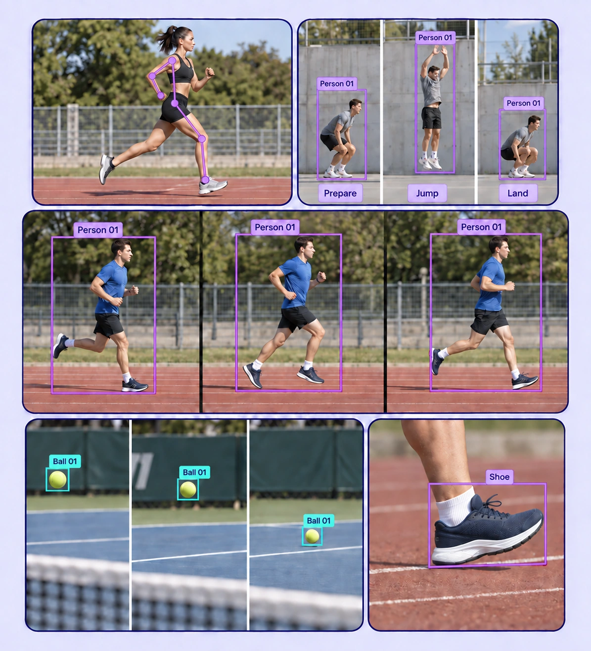 Annotated sports and human activity examples arranged in a five-panel collage.