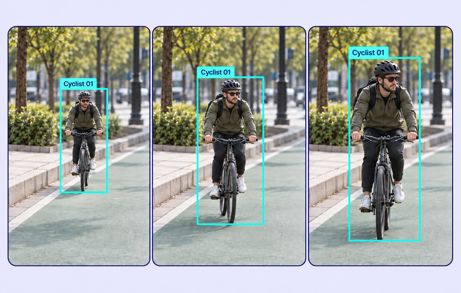 A helmeted cyclist approaches a fixed camera along the same bicycle lane across three frames, retaining a full rider-and-bicycle Cyclist 01 box. A helmeted cyclist approaches a fixed camera along the same bicycle lane across three frames, retaining a full rider-and-bicycle Cyclist 01 box.