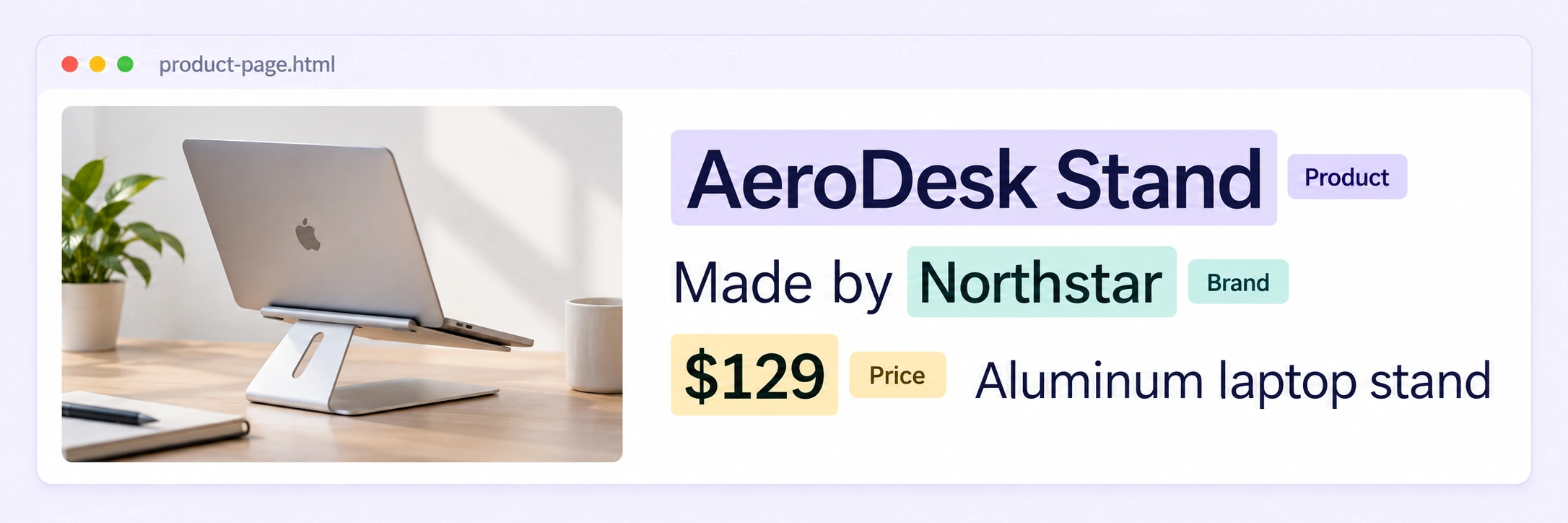 Rendered product page with Product, Brand and Price labels on AeroDesk Stand, Northstar and $129.