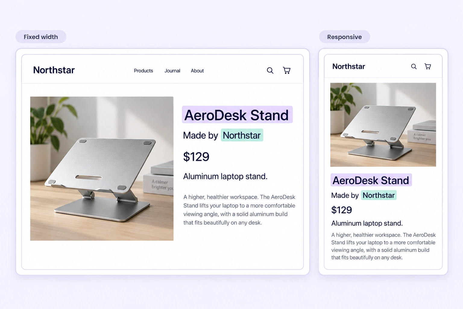 The same product page in fixed-width and responsive views with Product and Brand text spans preserved.