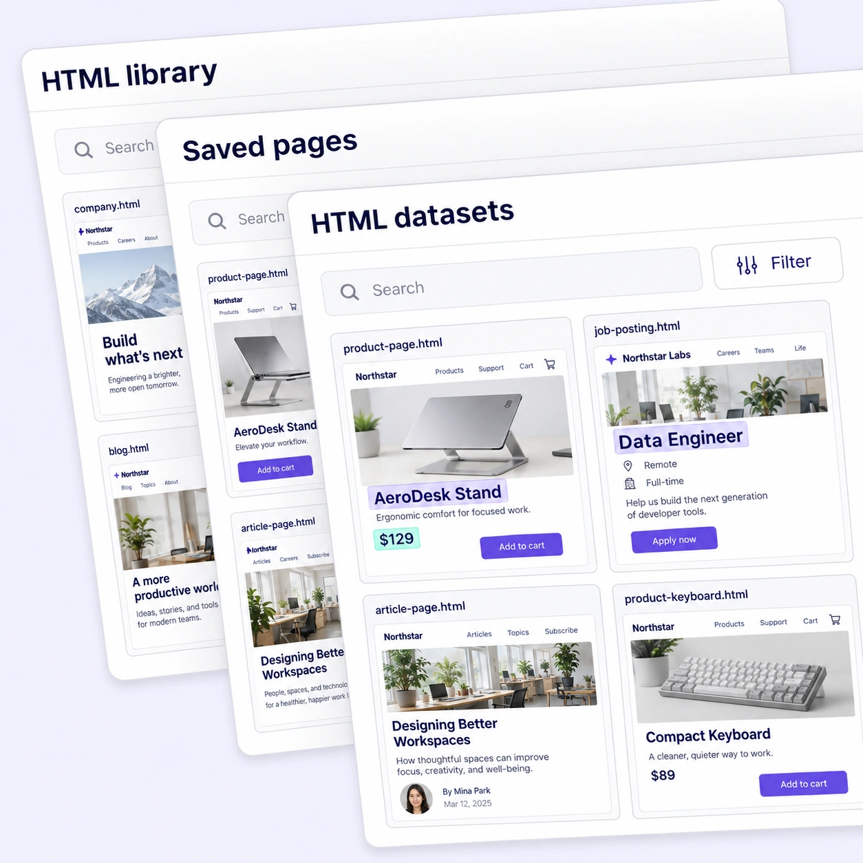 Overlapping HTML library panels with saved product, job posting, and article page previews.