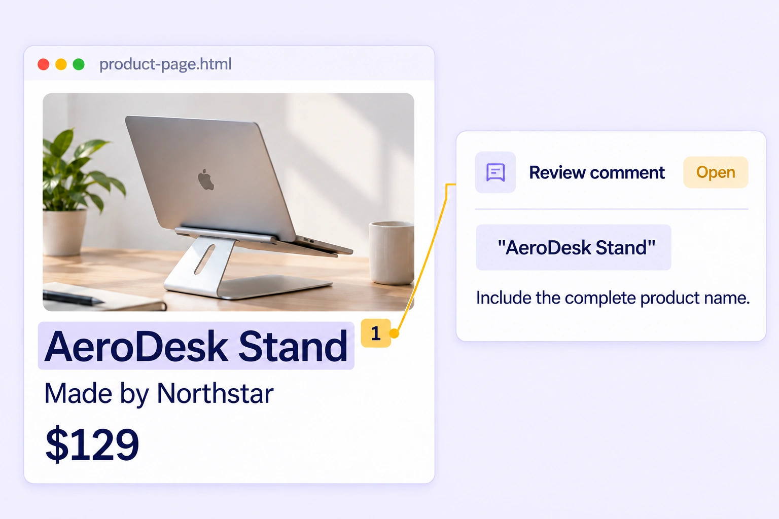An open review comment is anchored to the AeroDesk Stand text span on a rendered product page.
