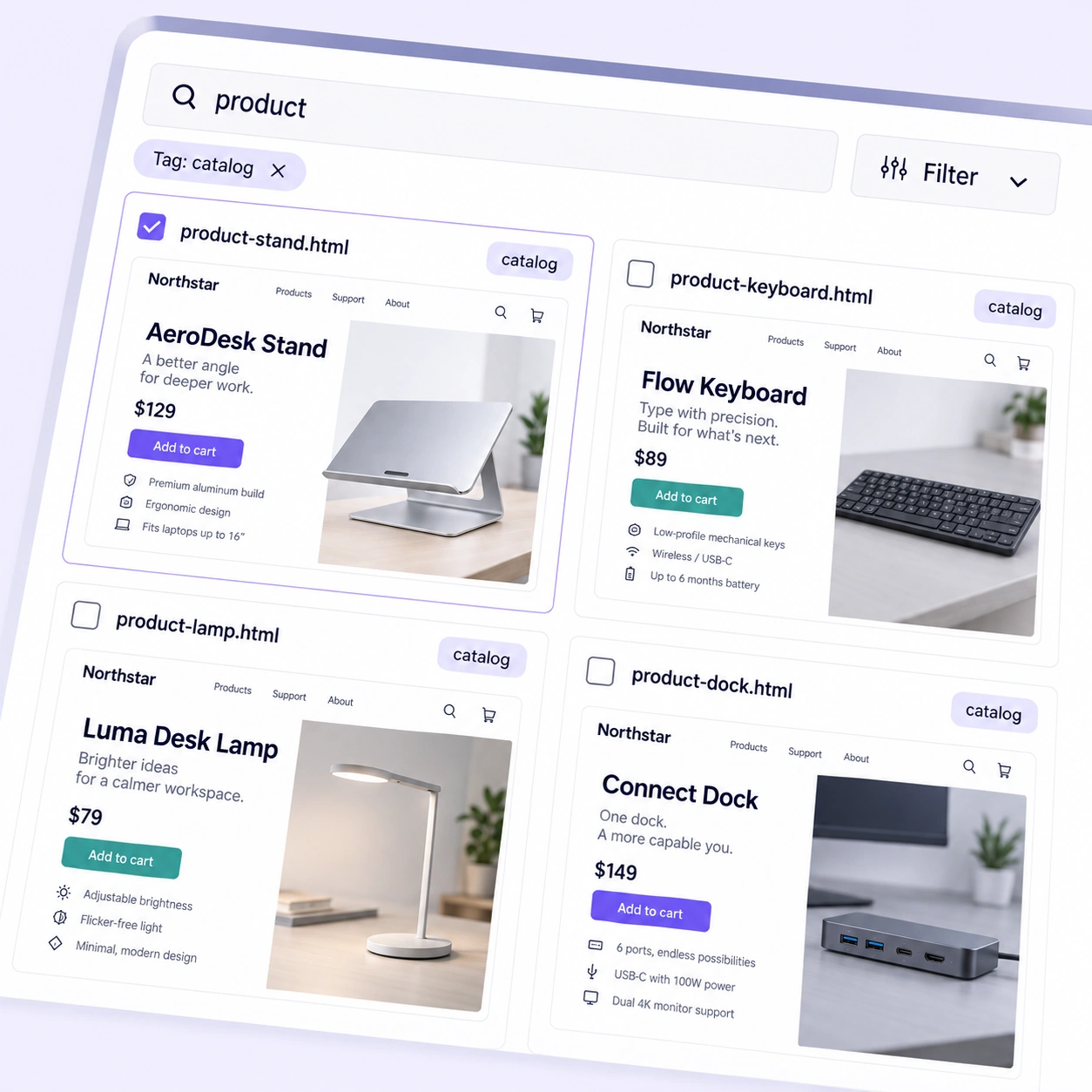 Product filename search and catalog tag filter above four saved HTML product page previews.