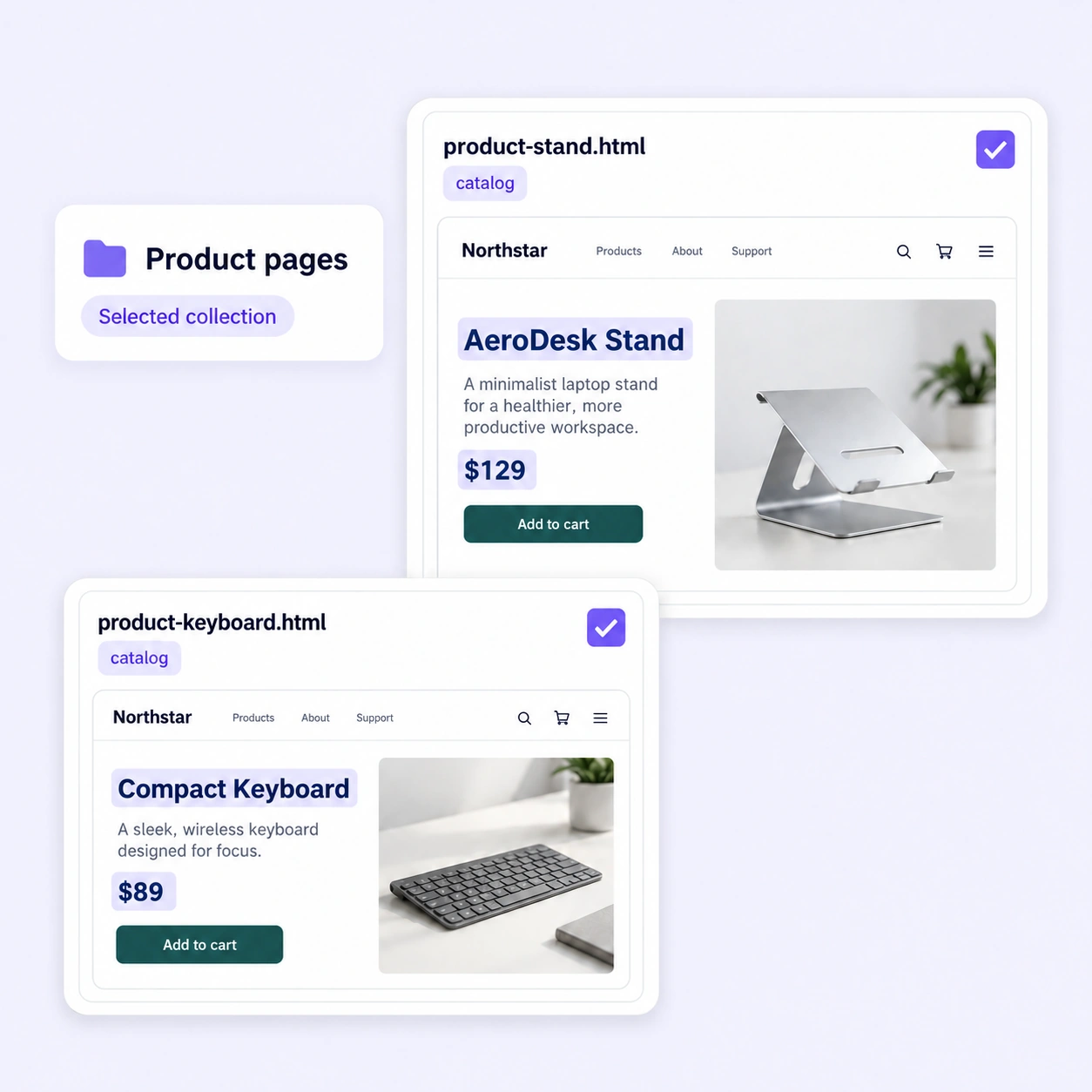 Two selected HTML product pages with catalog tags and highlighted product names and prices.