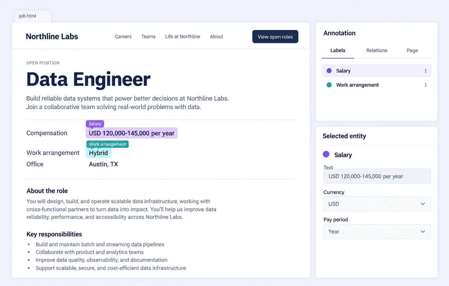 Stated salary range and work arrangement in a job page Stated salary range and work arrangement in a job page