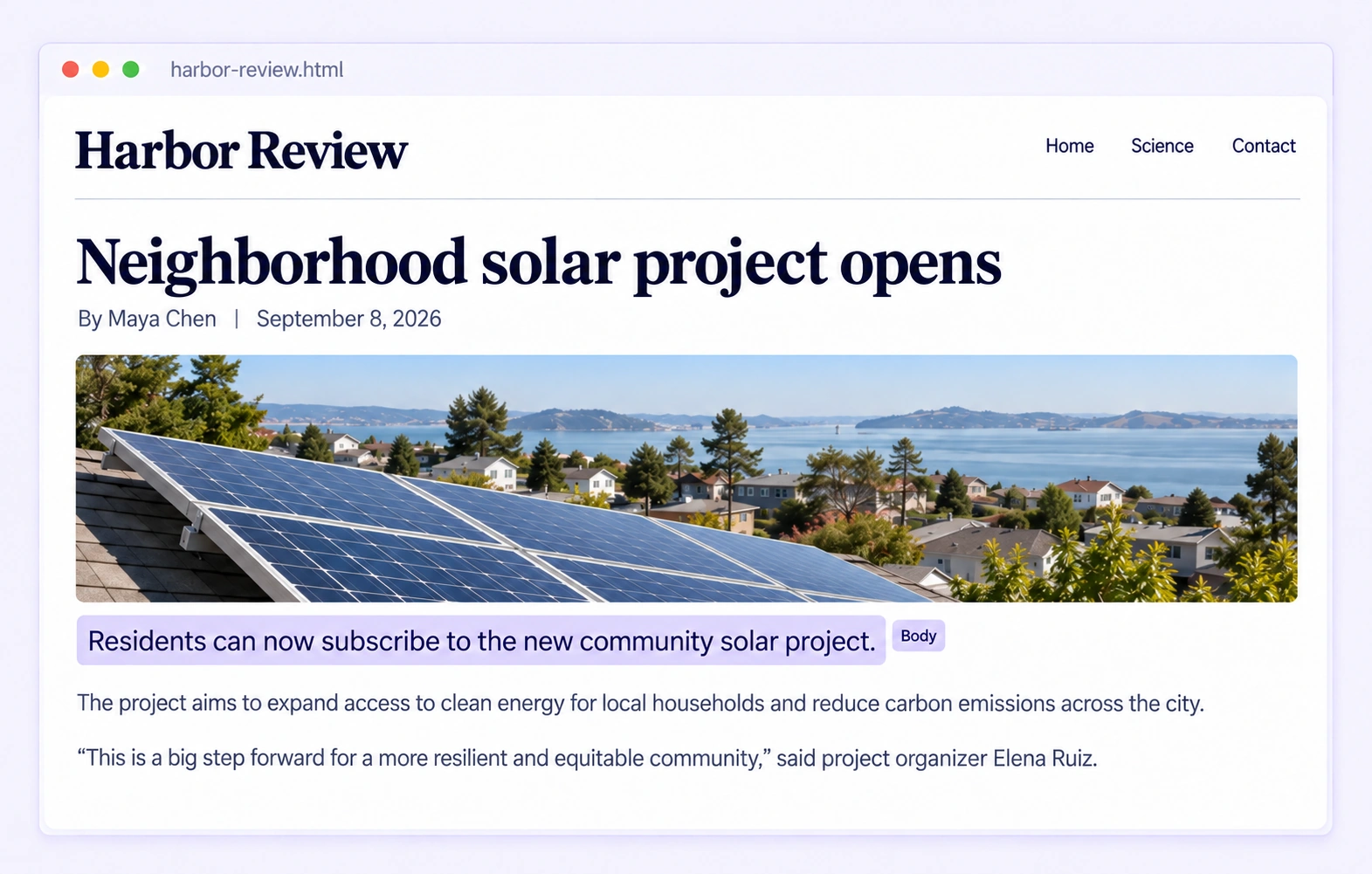 Article main-body text selected within a rendered HTML source