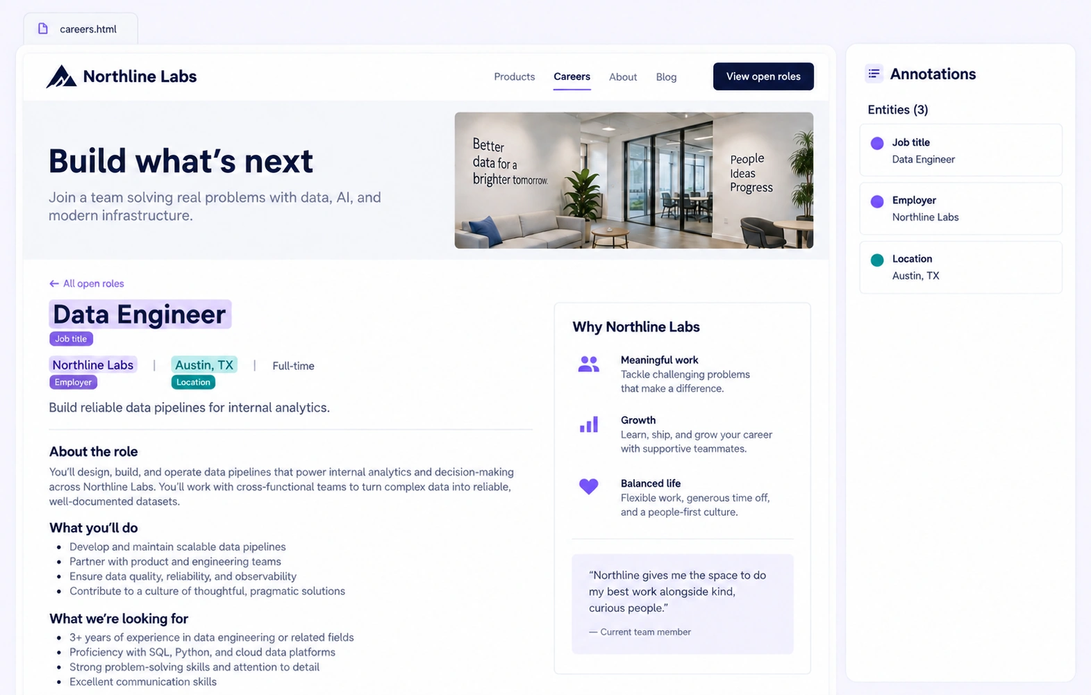 Job title employer and location anchored to a careers-page snapshot