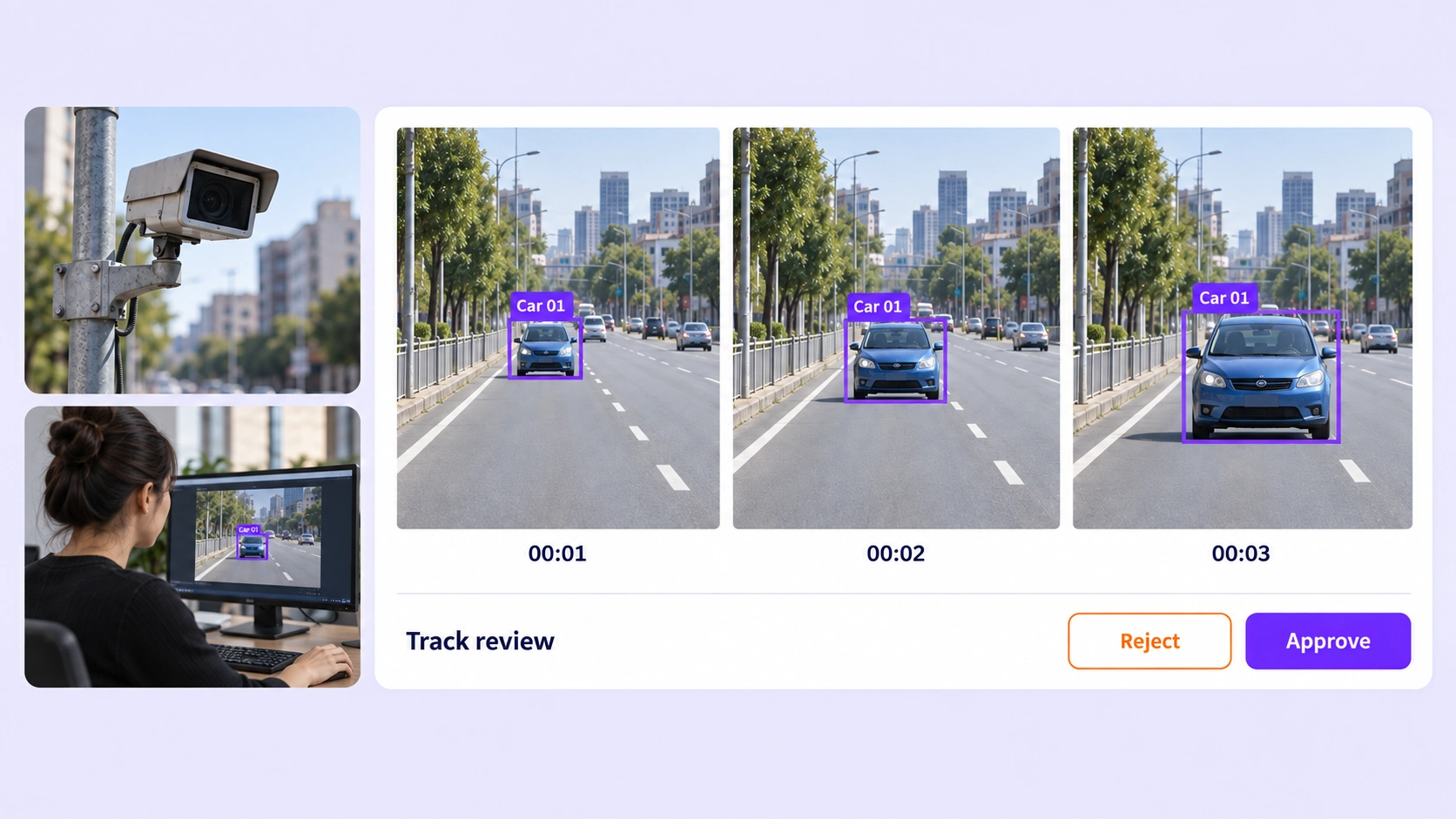 Wide video quality overview with source-camera context and a reviewed car track across three frames.