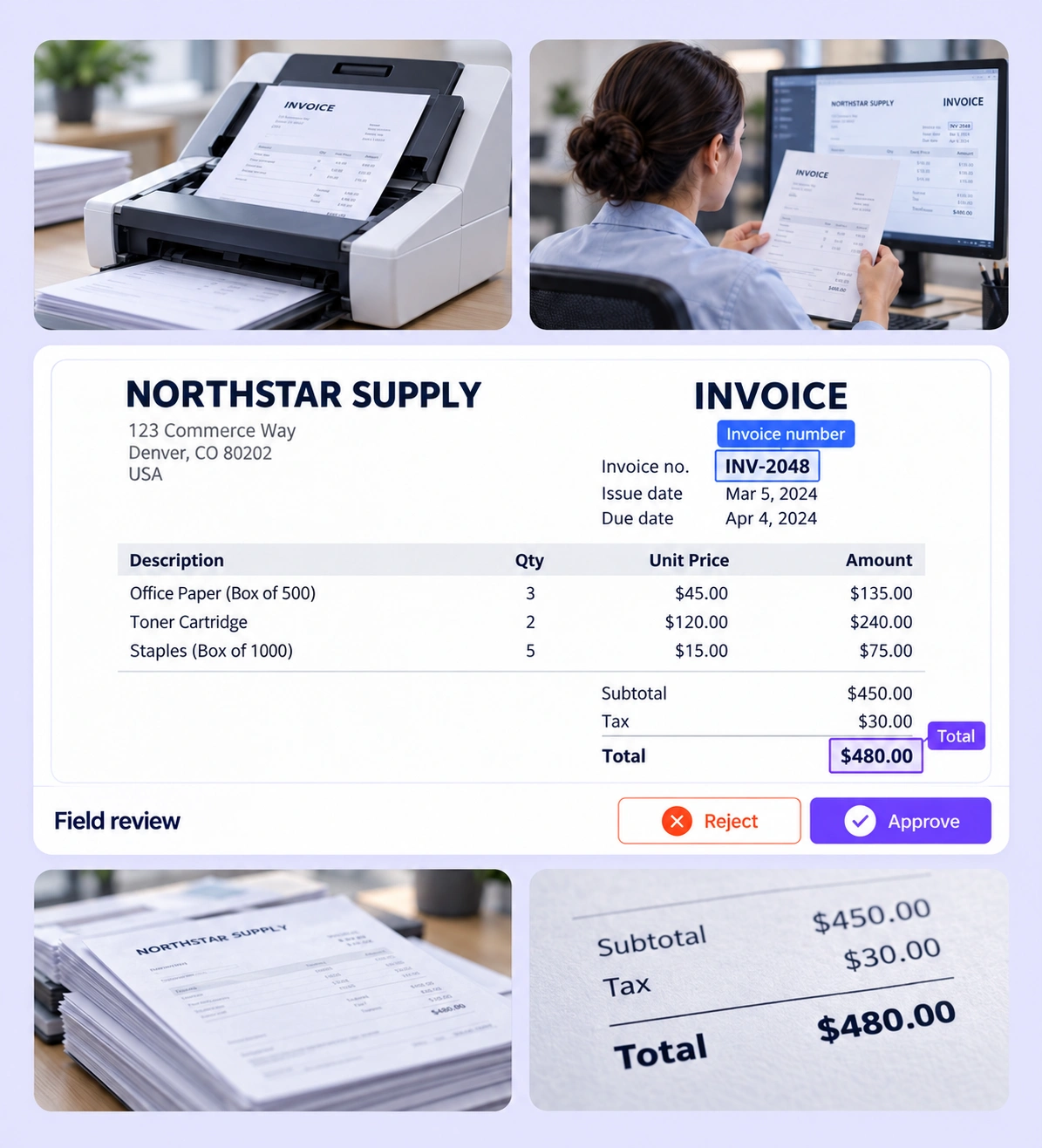 Invoice field review surrounded by document scanning, analyst, and report context. Invoice field review surrounded by document scanning, analyst, and report context.