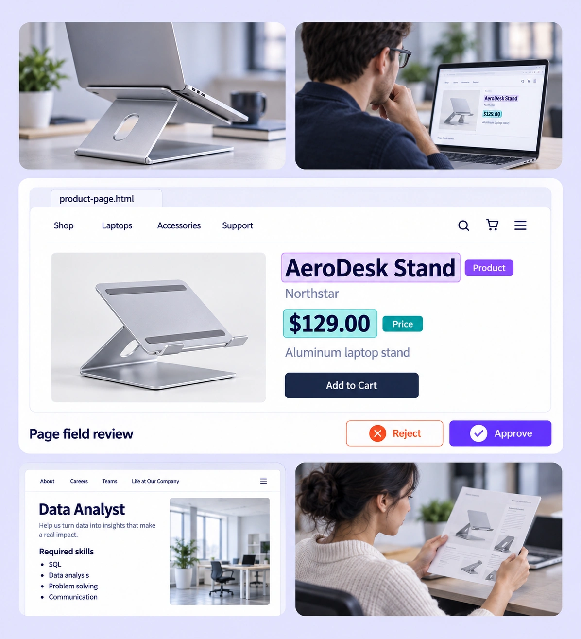 Rendered product-page text annotations surrounded by catalog and job-page review context. Rendered product-page text annotations surrounded by catalog and job-page review context.