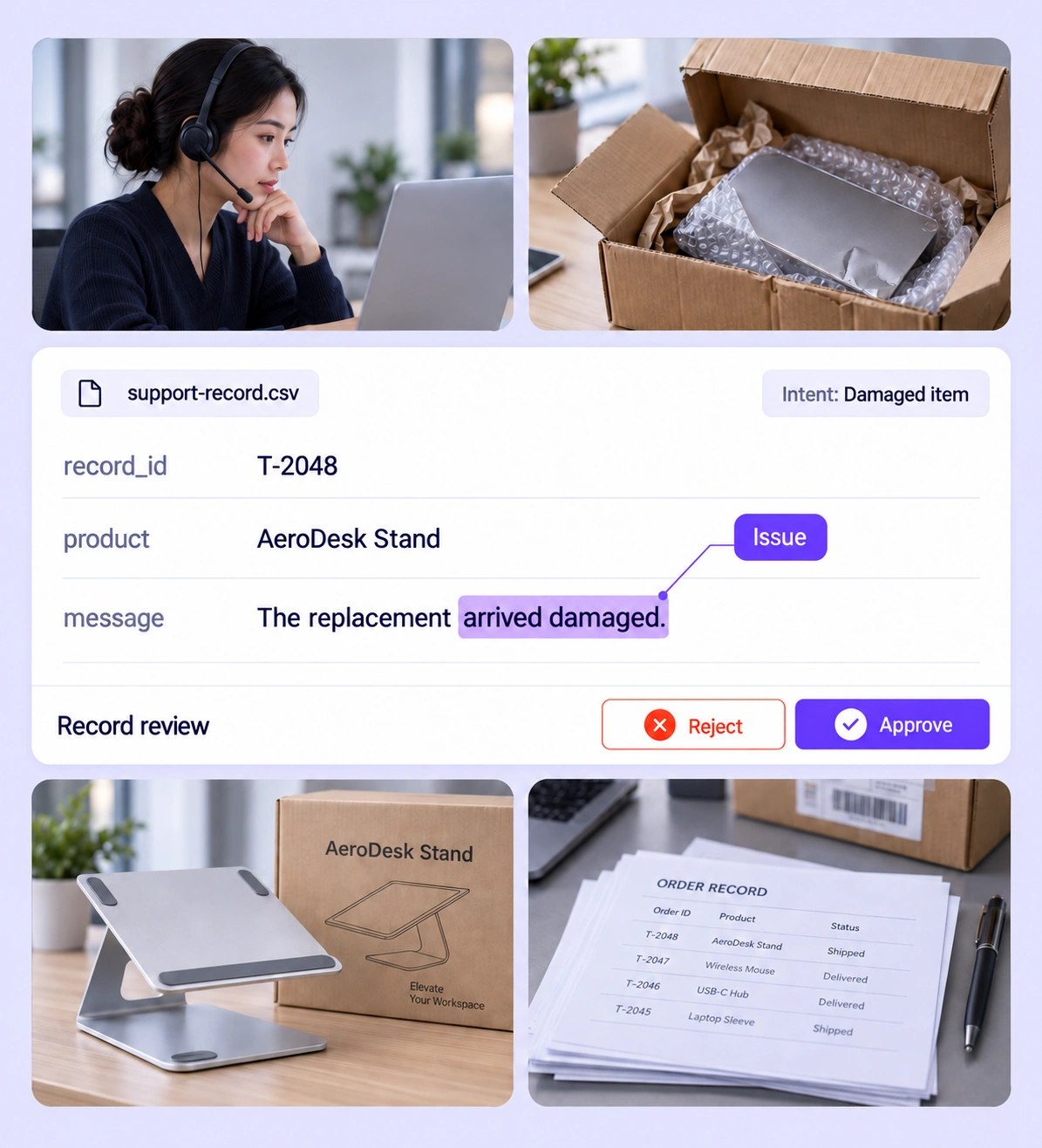 Support-record entity and intent review surrounded by customer-service and package-handling context. Support-record entity and intent review surrounded by customer-service and package-handling context.