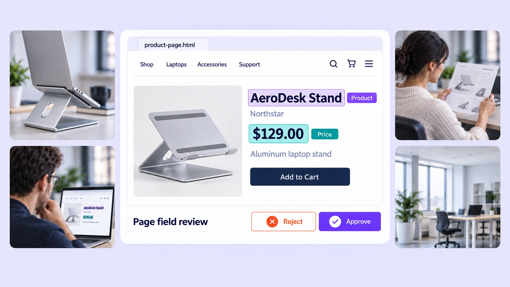 Rendered product-page text annotations surrounded by product and catalog-review context.