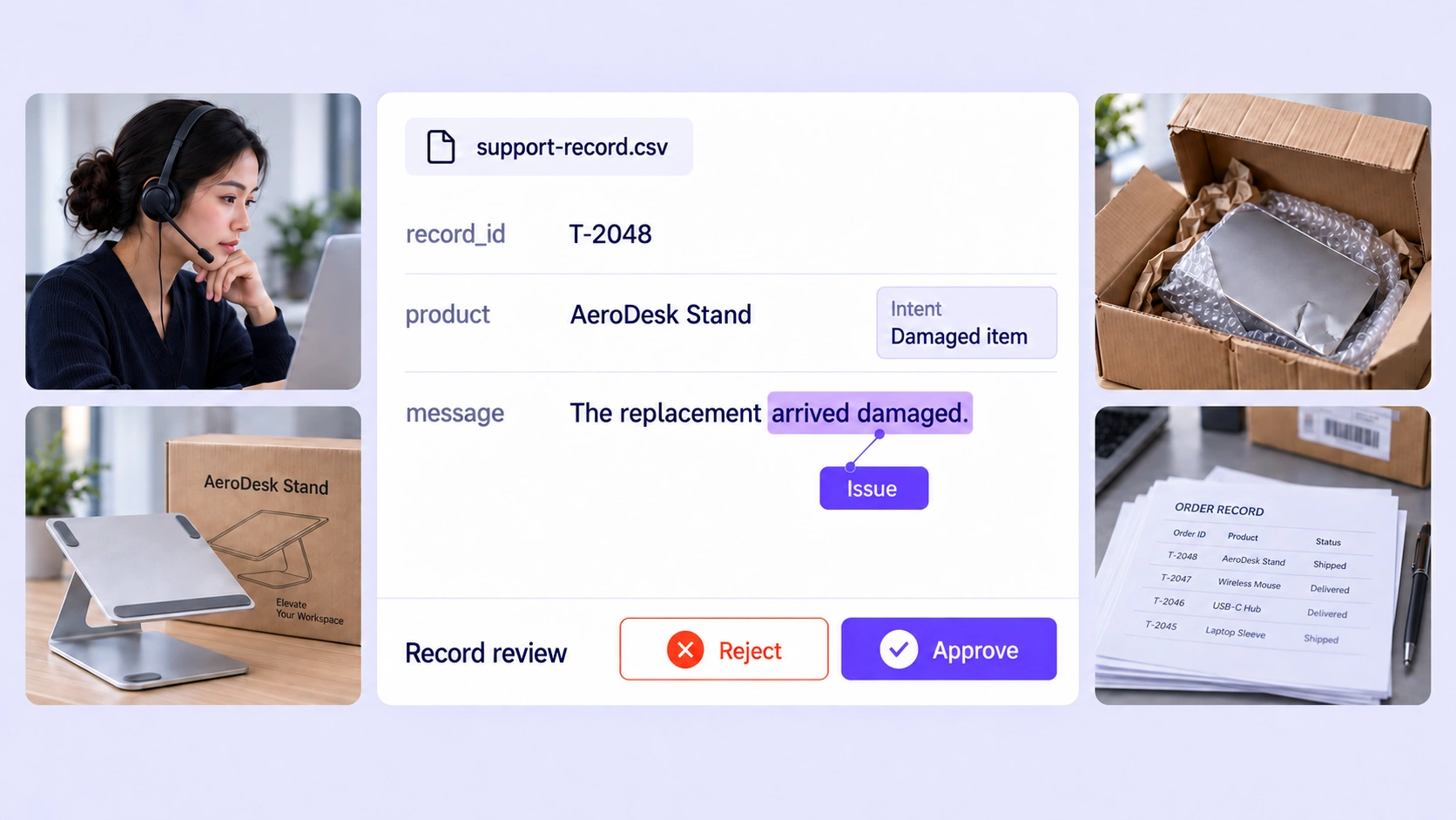 Support-record entity and intent review surrounded by customer-service and package-handling context.