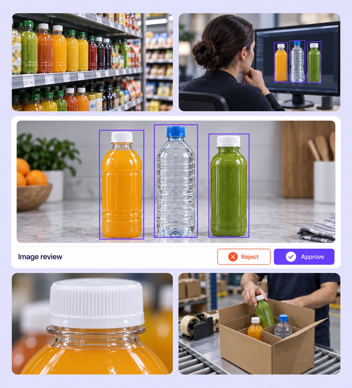 Image annotation review of three retail products surrounded by product and dataset preparation context. Image annotation review of three retail products surrounded by product and dataset preparation context.