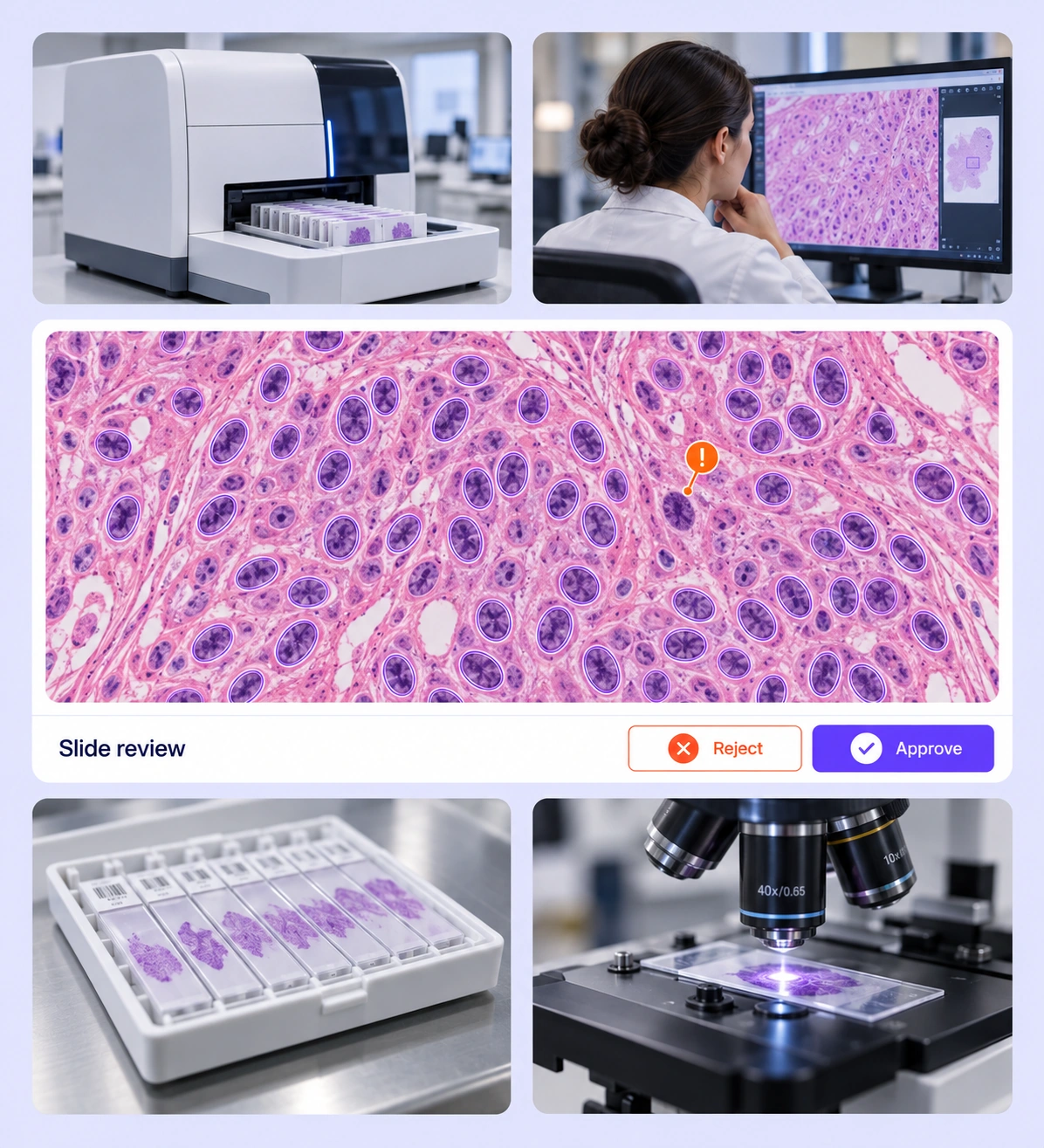 Histology nucleus annotations under review, surrounded by digital pathology and glass-slide context. Histology nucleus annotations under review, surrounded by digital pathology and glass-slide context.