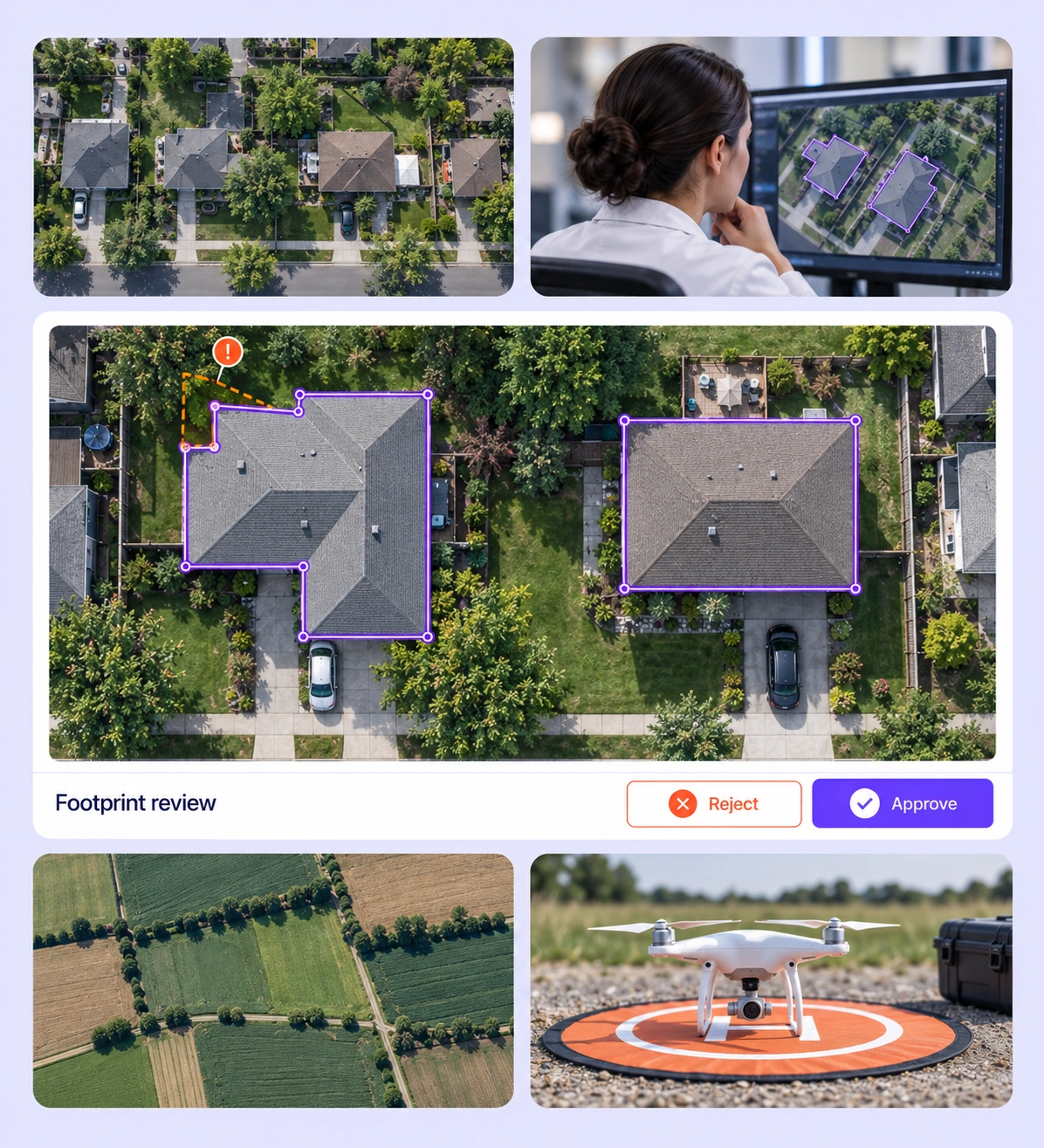 Aerial building-footprint review surrounded by mapping and imagery collection context. Aerial building-footprint review surrounded by mapping and imagery collection context.