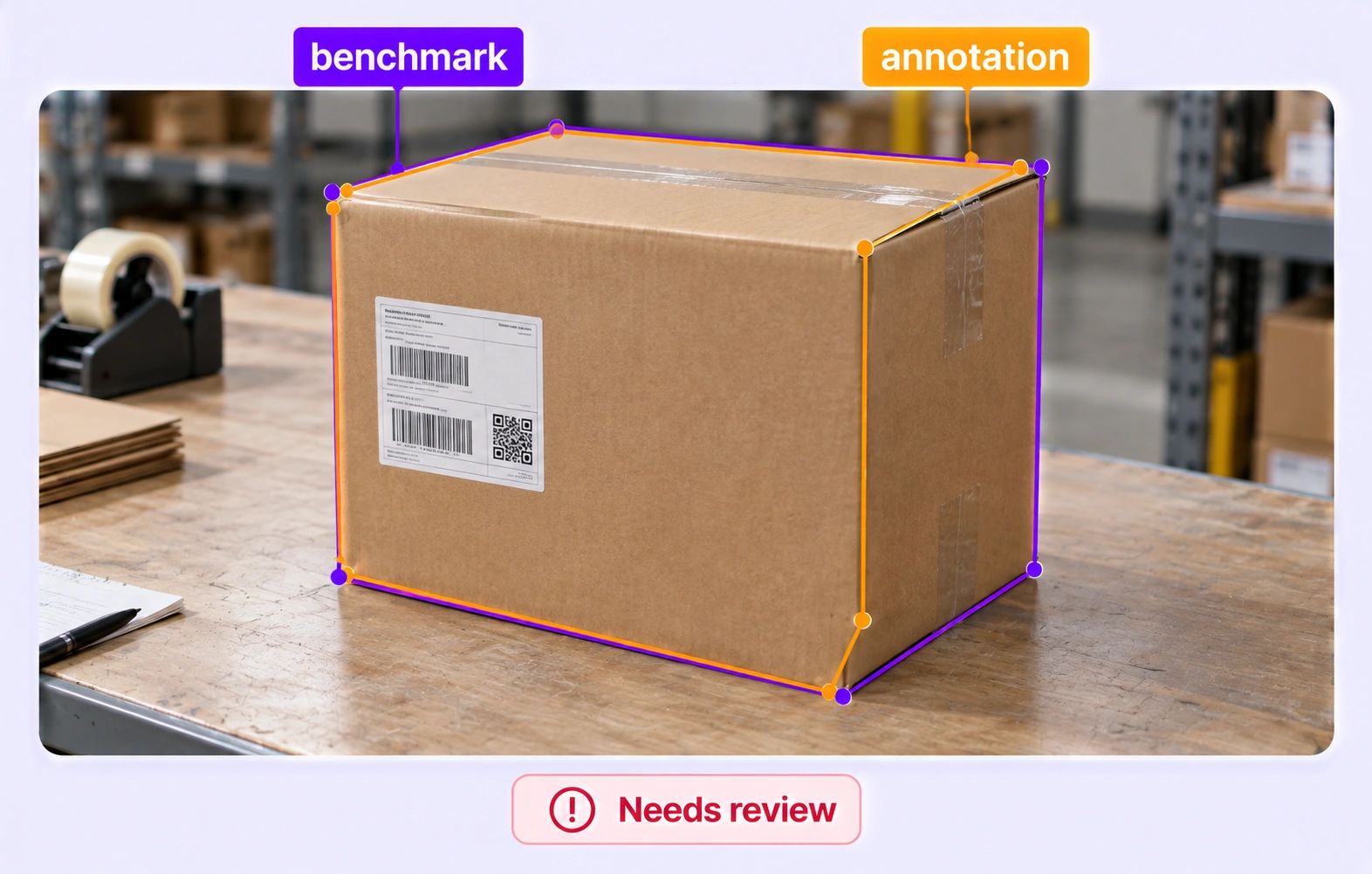 A carton annotation cutting across an object corner is compared with the approved benchmark. A carton annotation cutting across an object corner is compared with the approved benchmark.