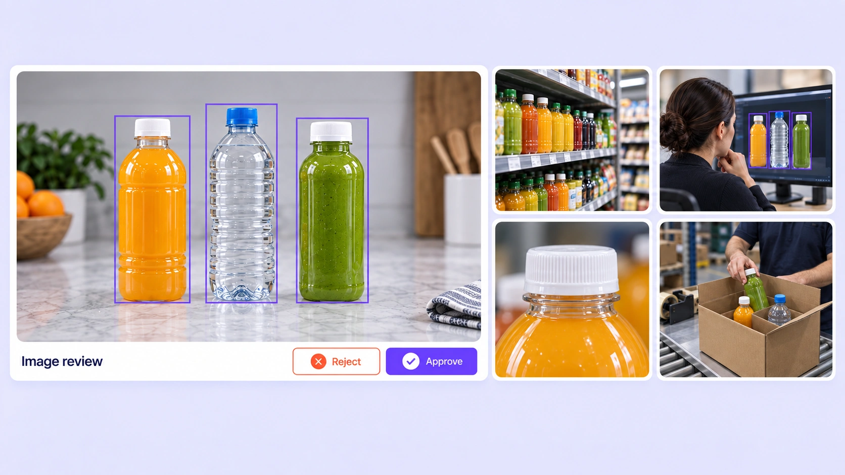 Image annotation review of three retail products surrounded by product and dataset preparation context.