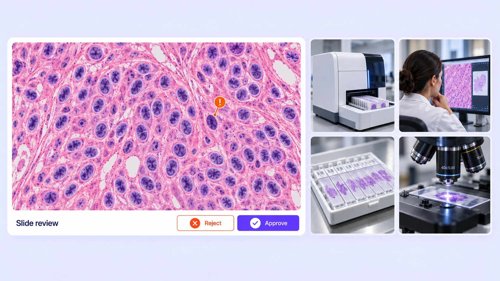 Histology nucleus annotations under review, surrounded by digital pathology and glass-slide context.