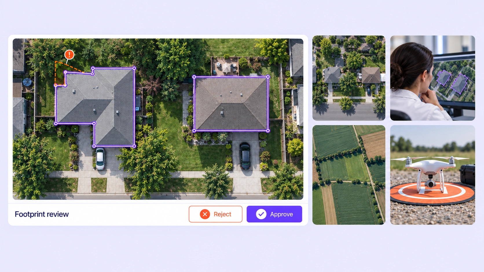 Aerial building-footprint review surrounded by mapping and imagery collection context.