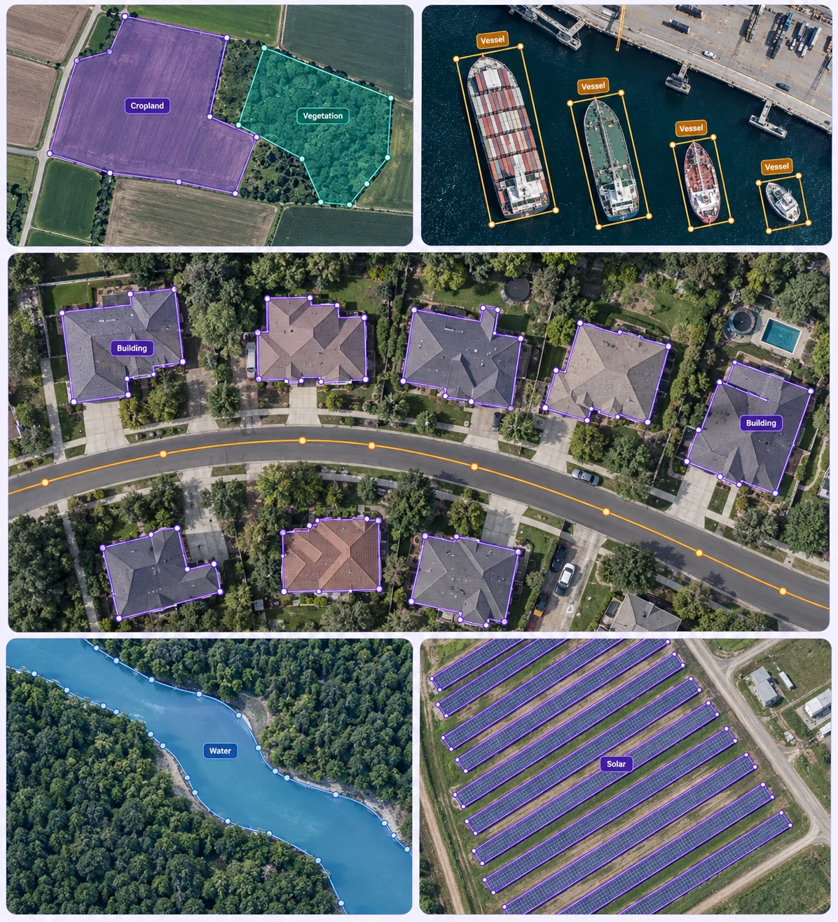Satellite and aerial images with building polygons, land-cover masks, ship boxes, roads, and solar panel annotations