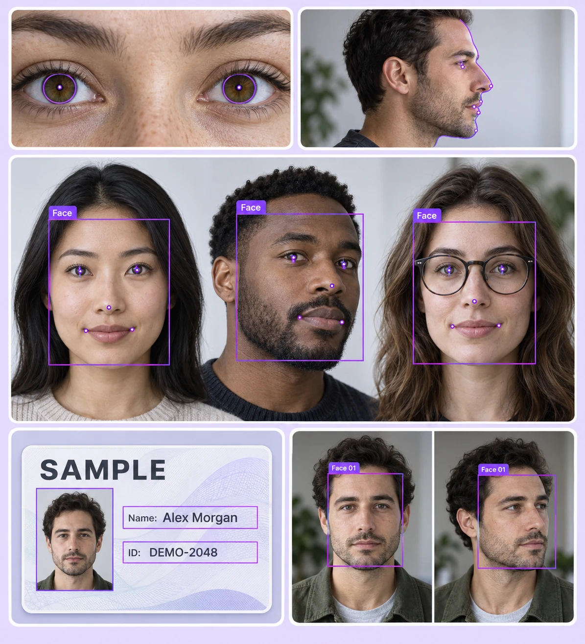 Identity and biometrics annotation examples with facial landmarks, iris contours, document fields, and face tracking