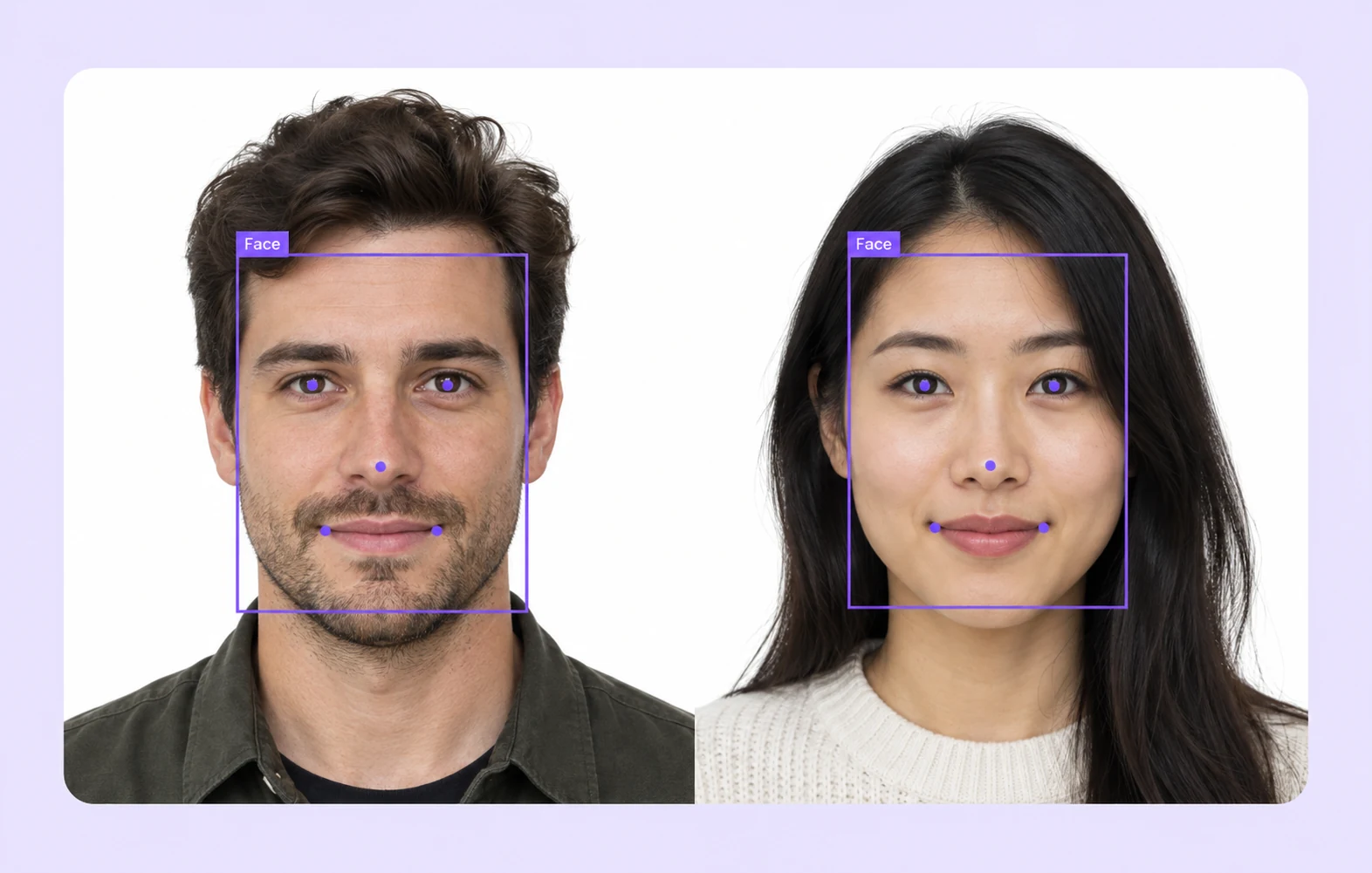 Face bounding boxes and facial landmark annotations on two portraits