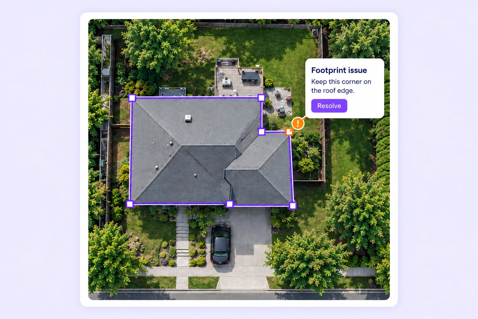 A review issue is anchored to a building-footprint corner on an aerial tile with a Resolve action.