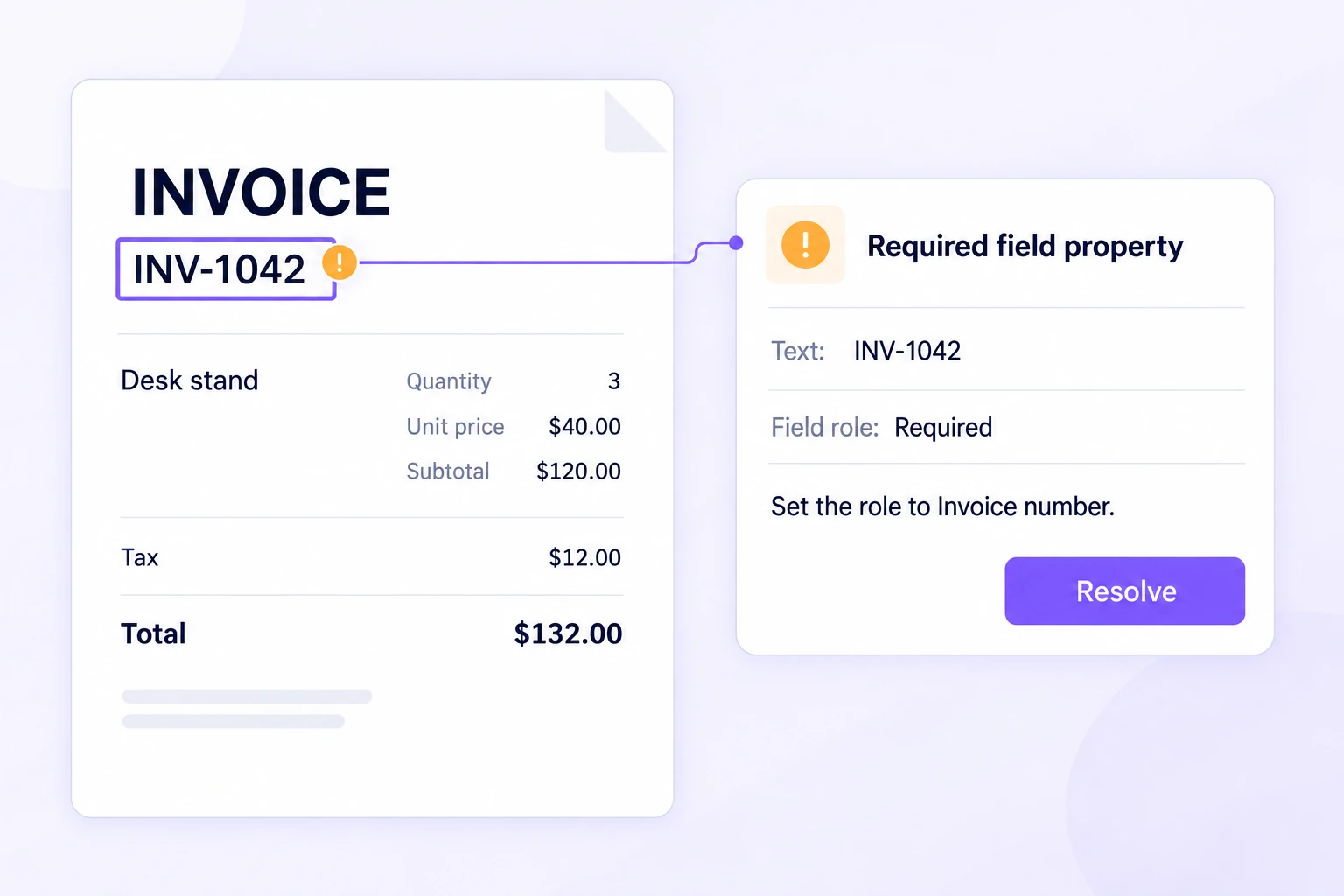 Invoice INV-1042 has a missing field-role property, with an anchored instruction to assign Invoice number and a Resolve action.