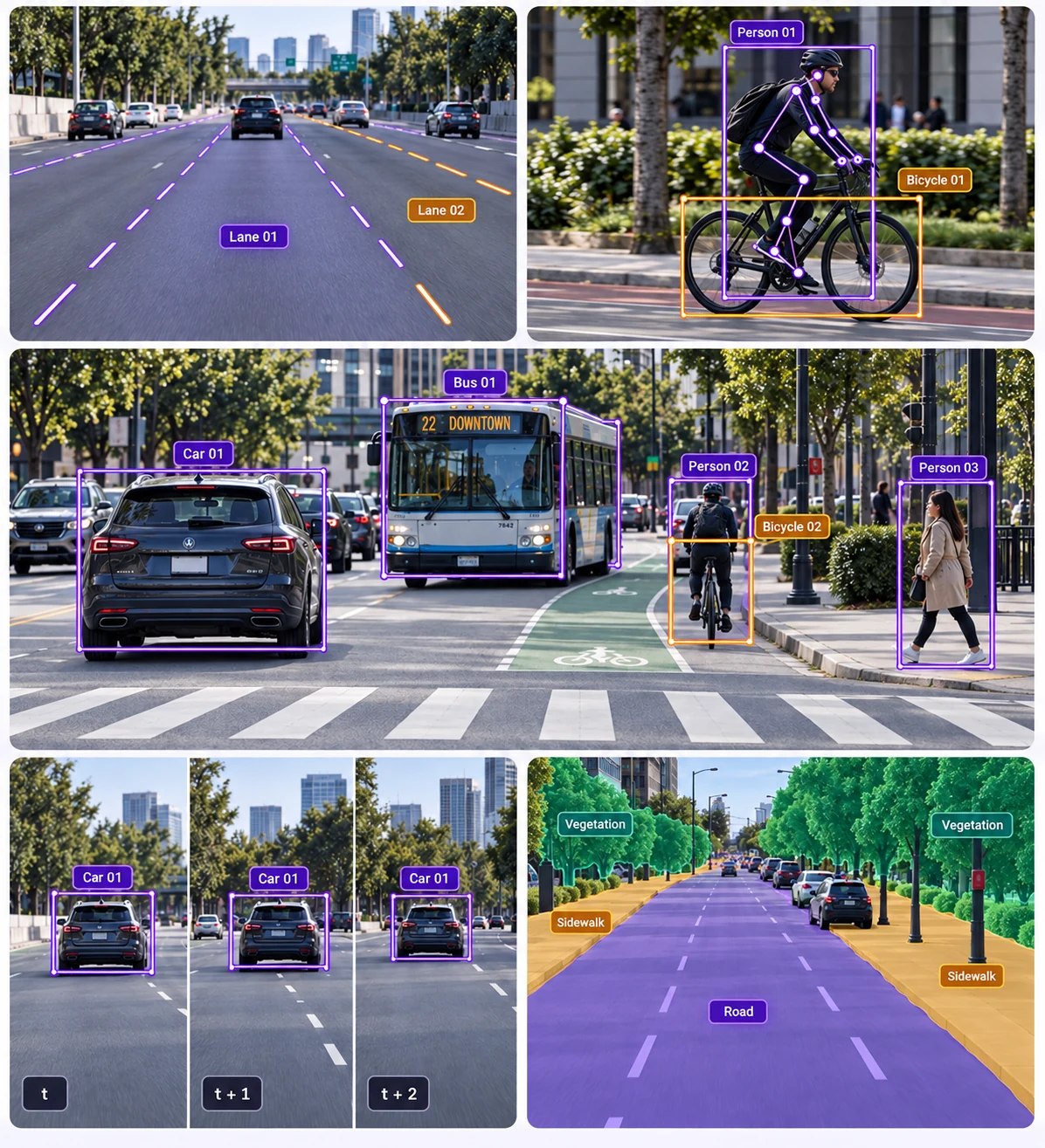 Lane markings, cyclist keypoints, road-user boxes, vehicle tracks, and road-scene segmentation